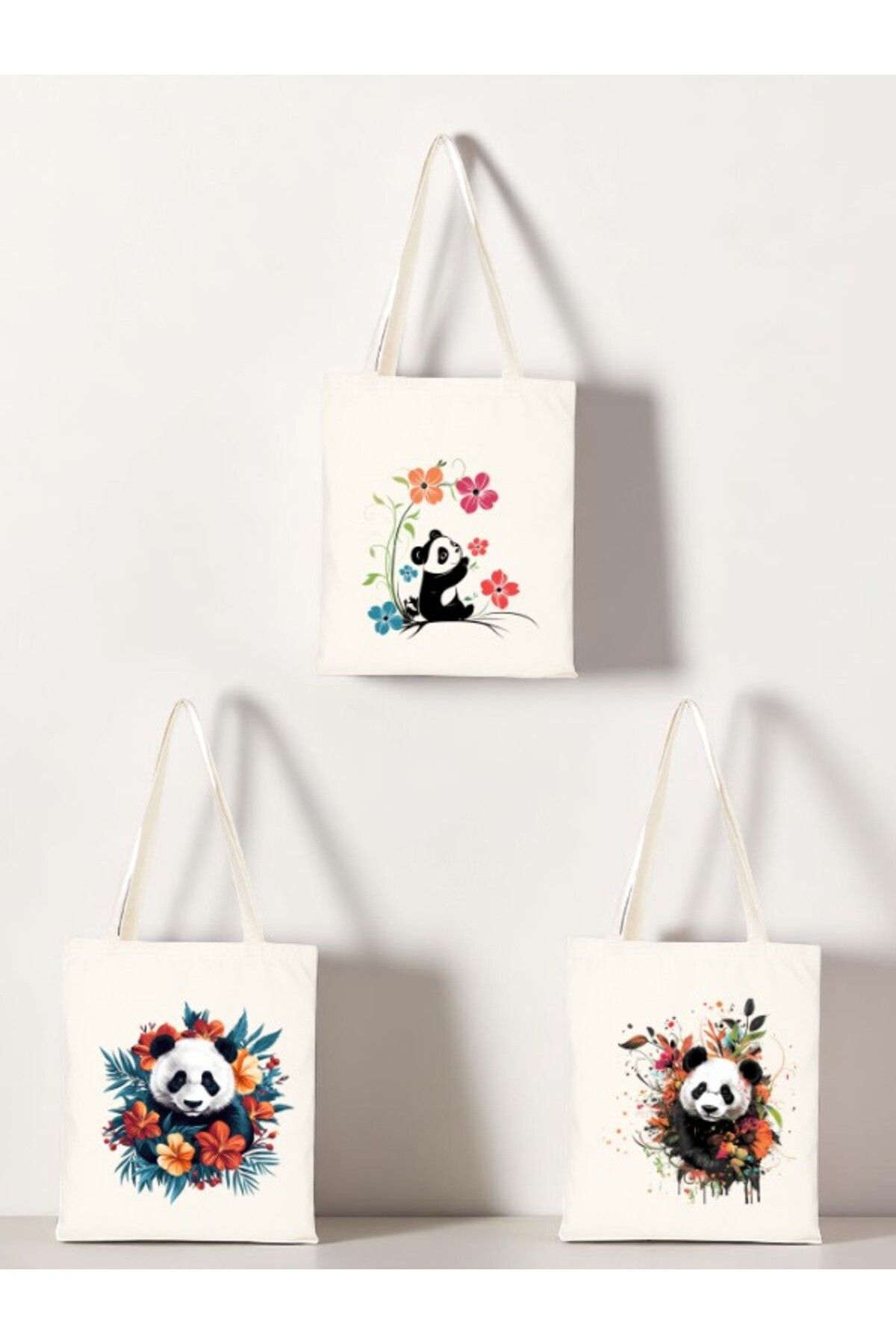 lili hediyelik Çiçek ve Panda Baskılı Bez Çanta 3'lü Omuz Çantası