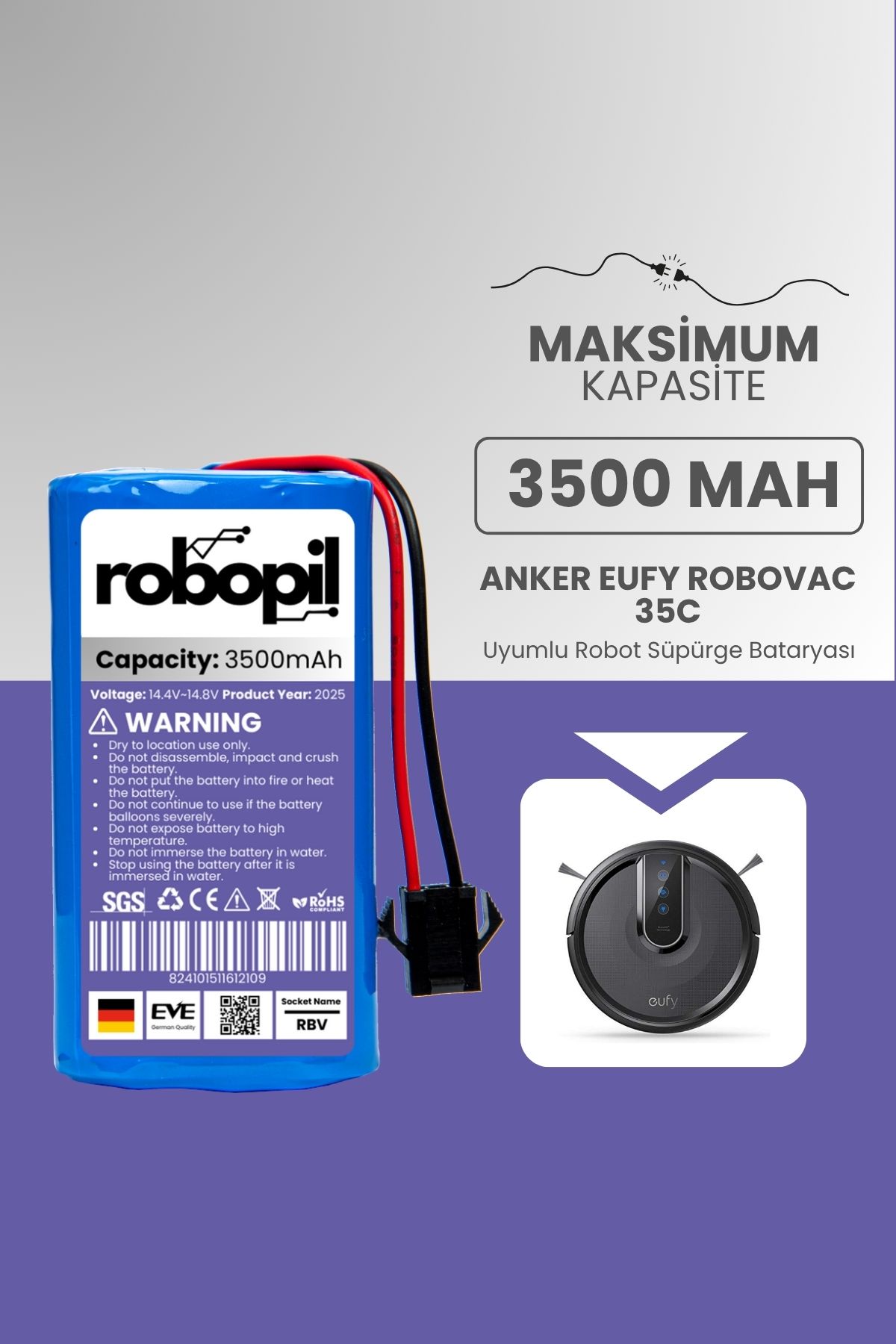 ROBOPİL Eufy Robovac 35c Pil Batarya [Maksimum Kapasite] 3500mah Akıllı Robot Süpürge Bataryası Değişimi