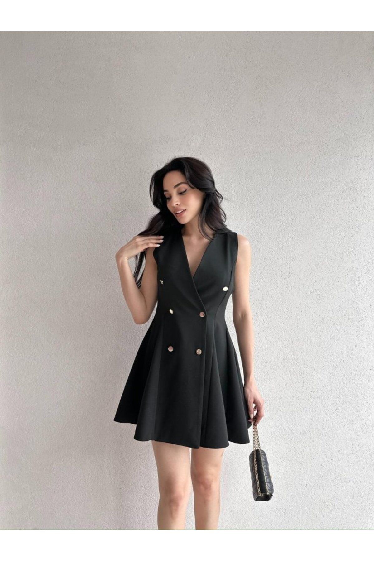 popibutik Kadın Kruvaze Yaka Düğmeli Mini Elbise