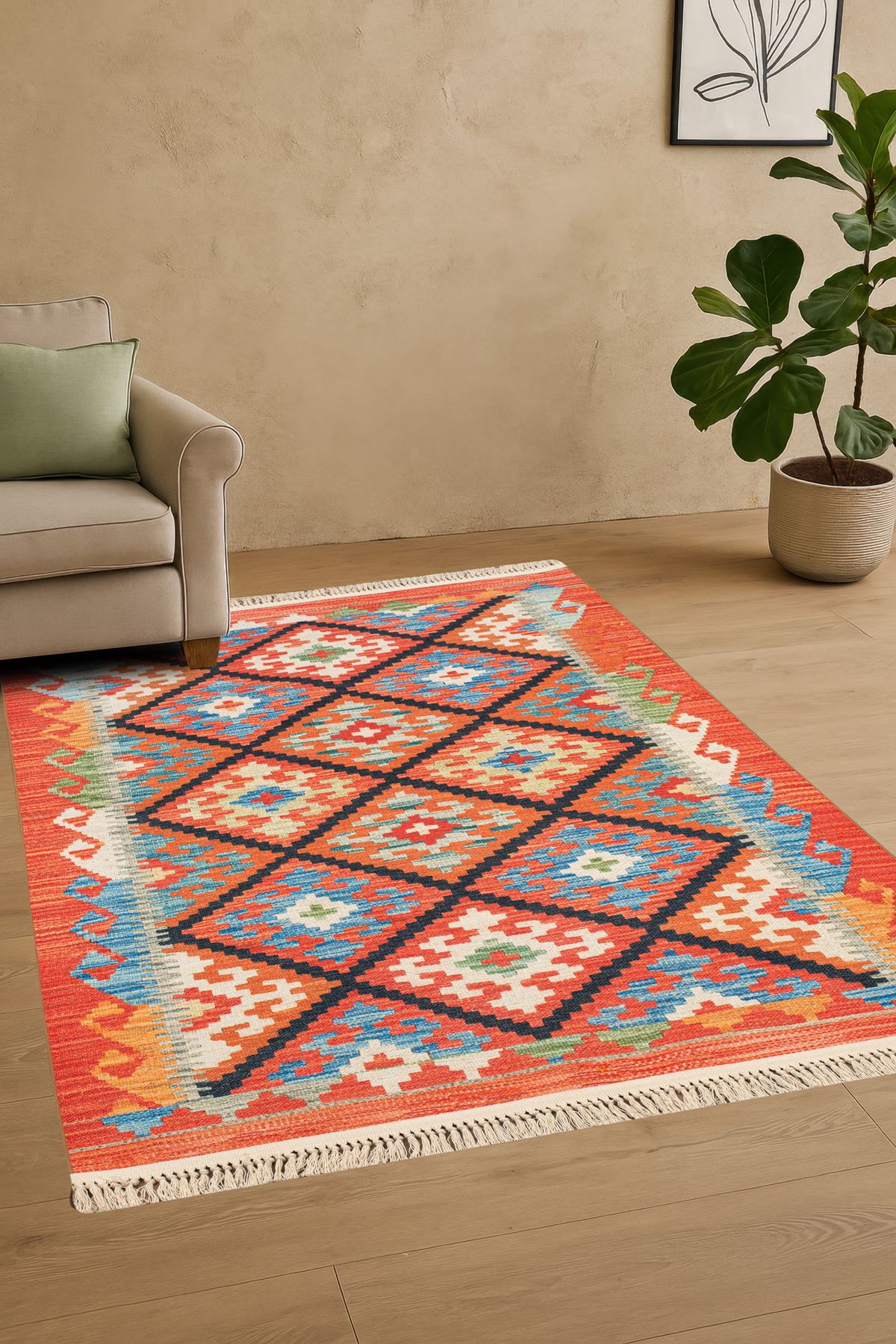 Massilia Home Satürn Modern Dijital Baskı Makinede Yıkanabilir Dokuma Kilim Renkli Etnik Desen Ev Oda Halısı