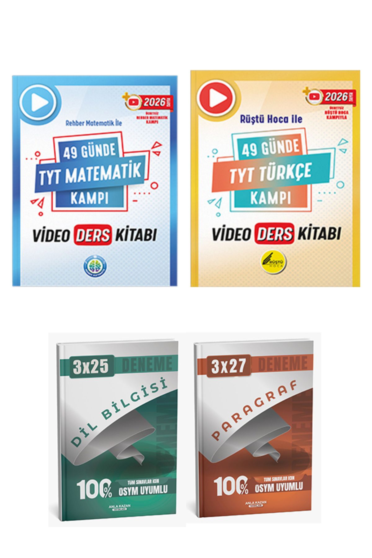 Anla Kazan Yayınları Rehber + Anla Kazan 2026 TYT 49 Günde Türkçe ve Matematik Video Ders Kitabı+Anla Kazan Deneme 4lü