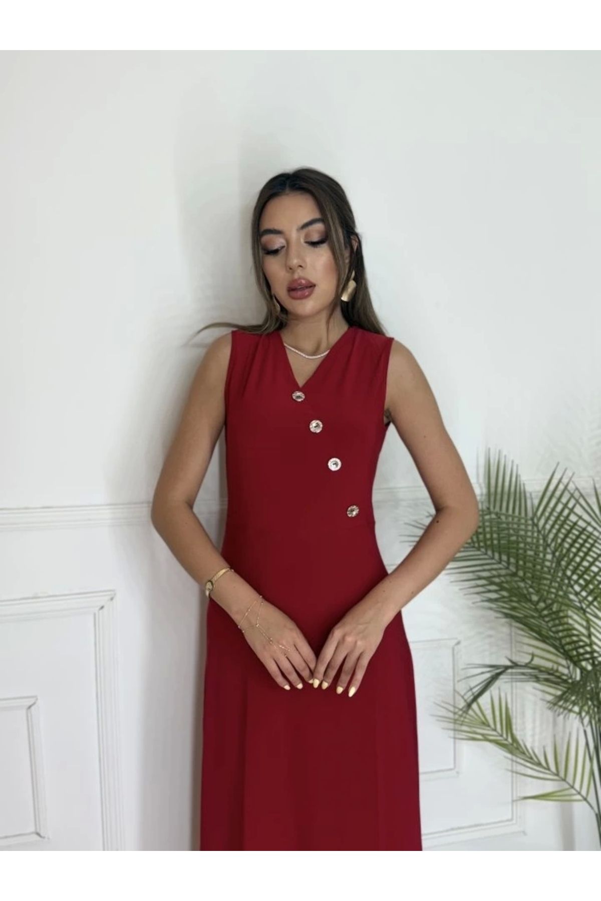 Butik Kadın Düğme Detay Kolsuz Maxi Boy Elbise