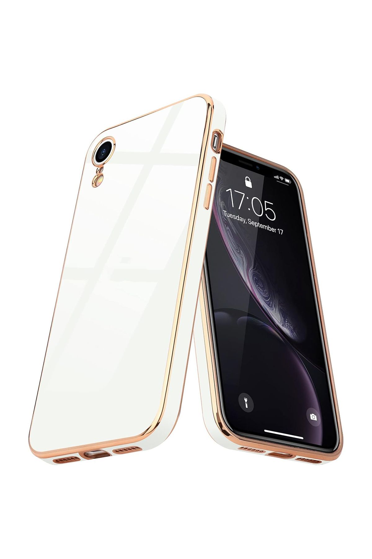 Merwish iPhone Xr Uyumlu Lazer Kesim Gold Çerçeve Beyaz Kapak Kılıf
