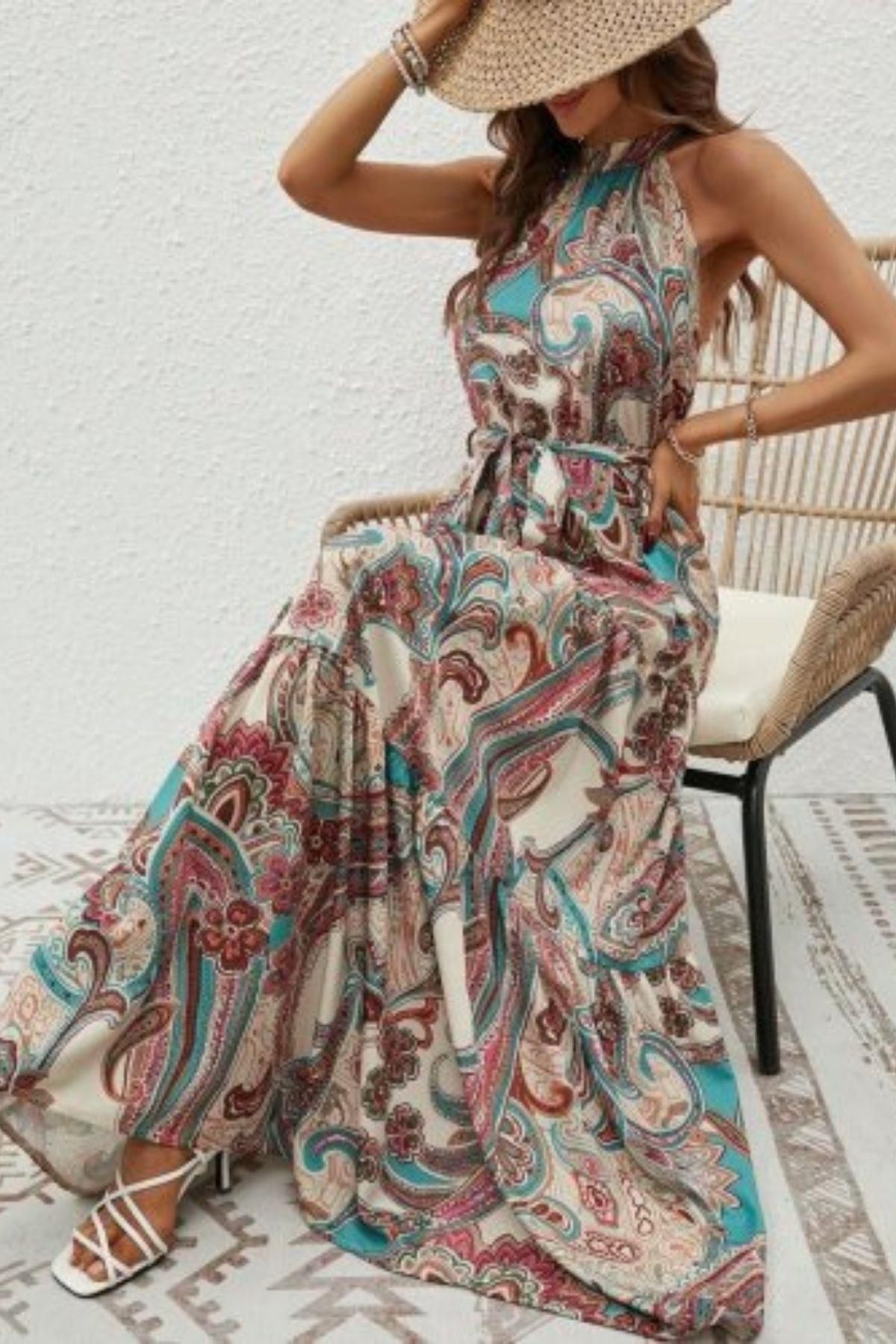 DÖPİYES Halter Yaka Belden Bağlamalı Süprem Elbise