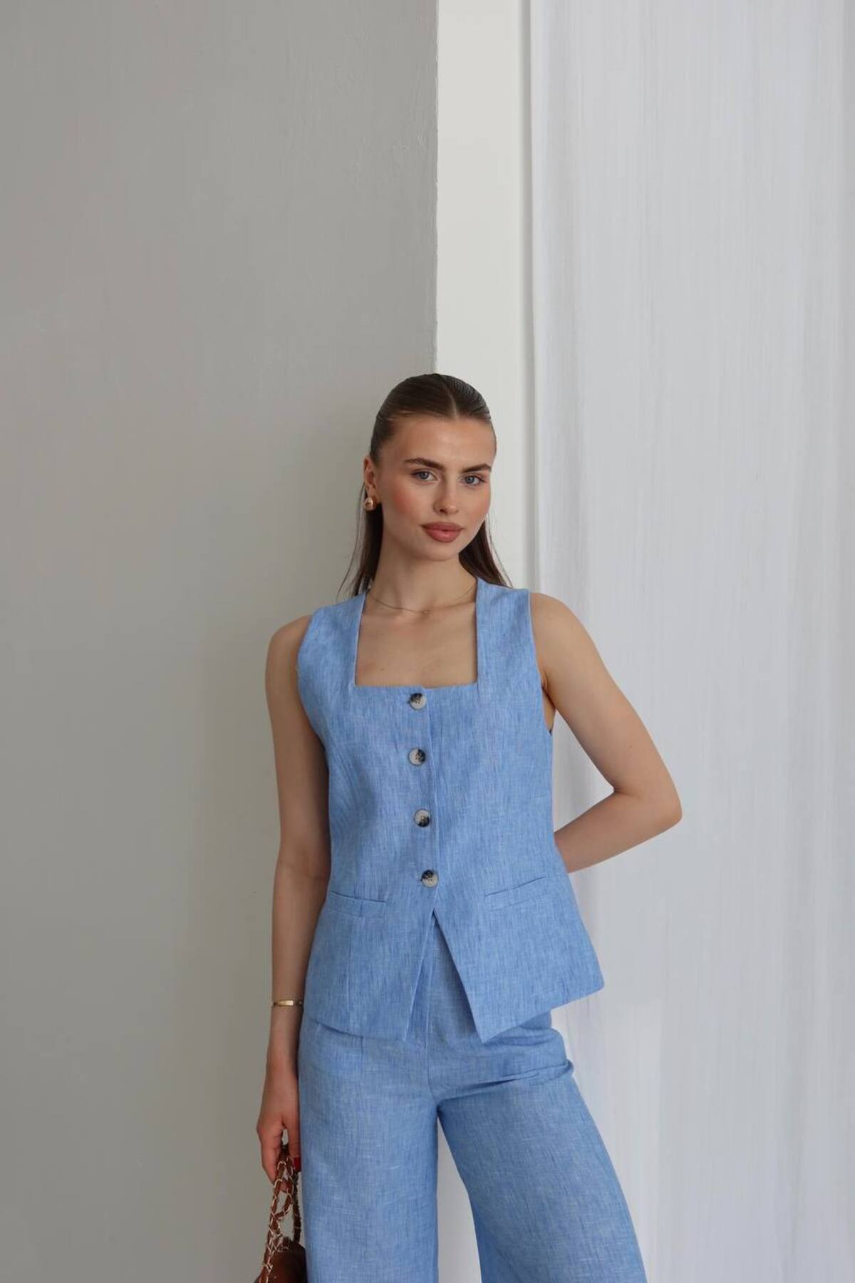 Women Square Neck Linen Two-Piece Set Baby Blue - Görsel 3