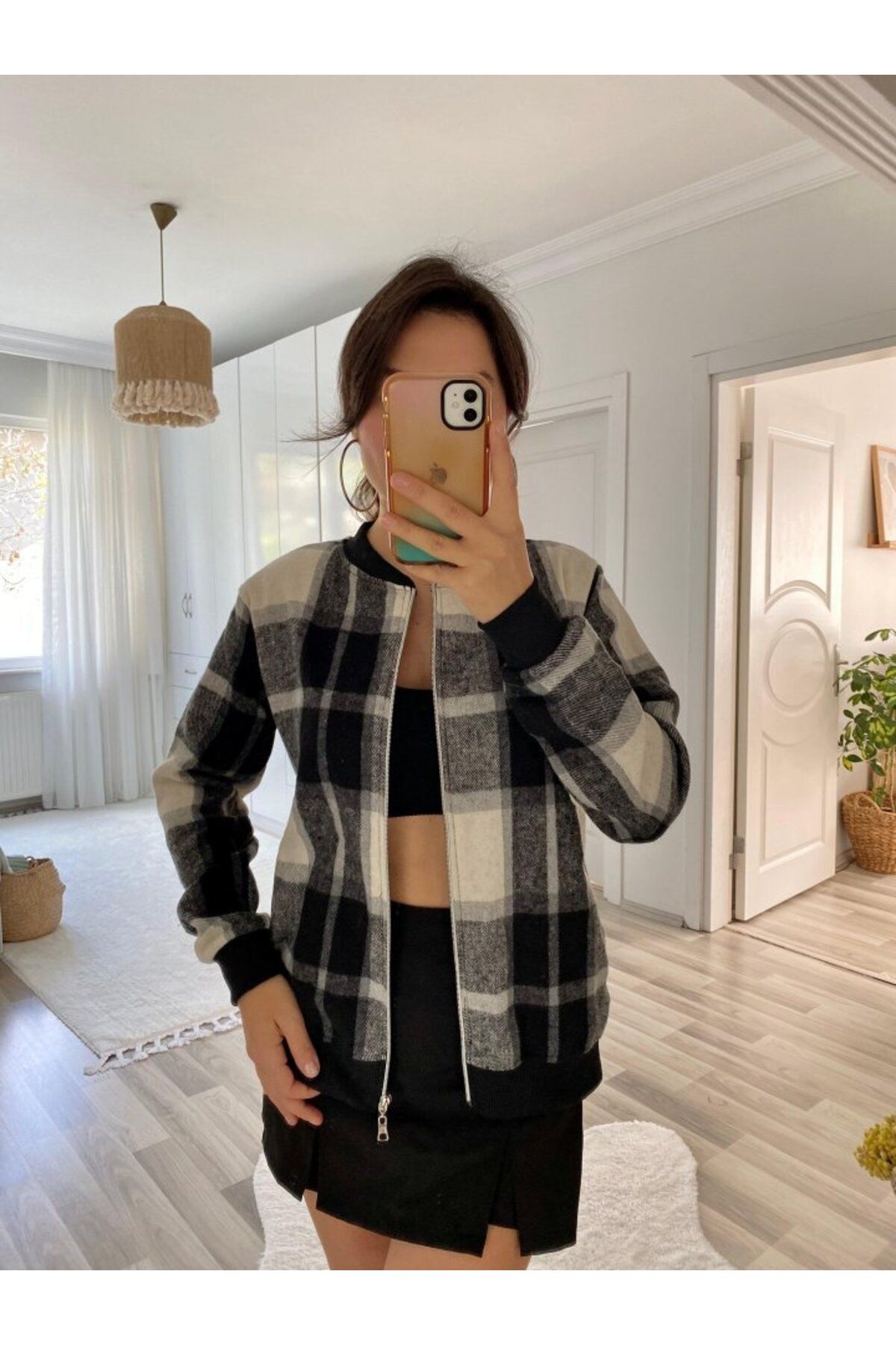 D&M Life Collection Kadın Uzun Kollu önden Fermuarlı Ekose Desenli Ceket - L-XL - Desenli