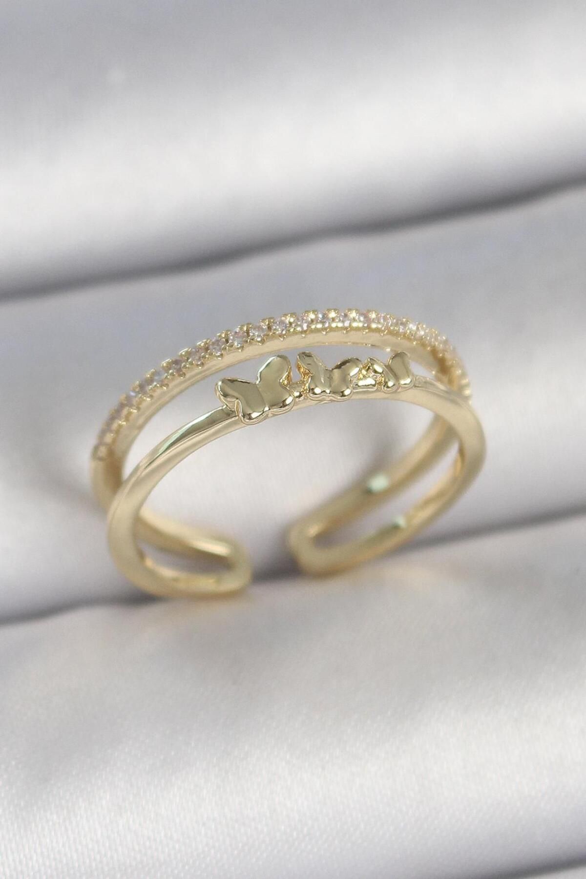 AfraBeauty 925 Ayar Paslanmaz Çelik Gold Renk 2'Li Sıra Zirkon Taş Detaylı Kelebek Figürlü Ayarlanabilir Yüzük