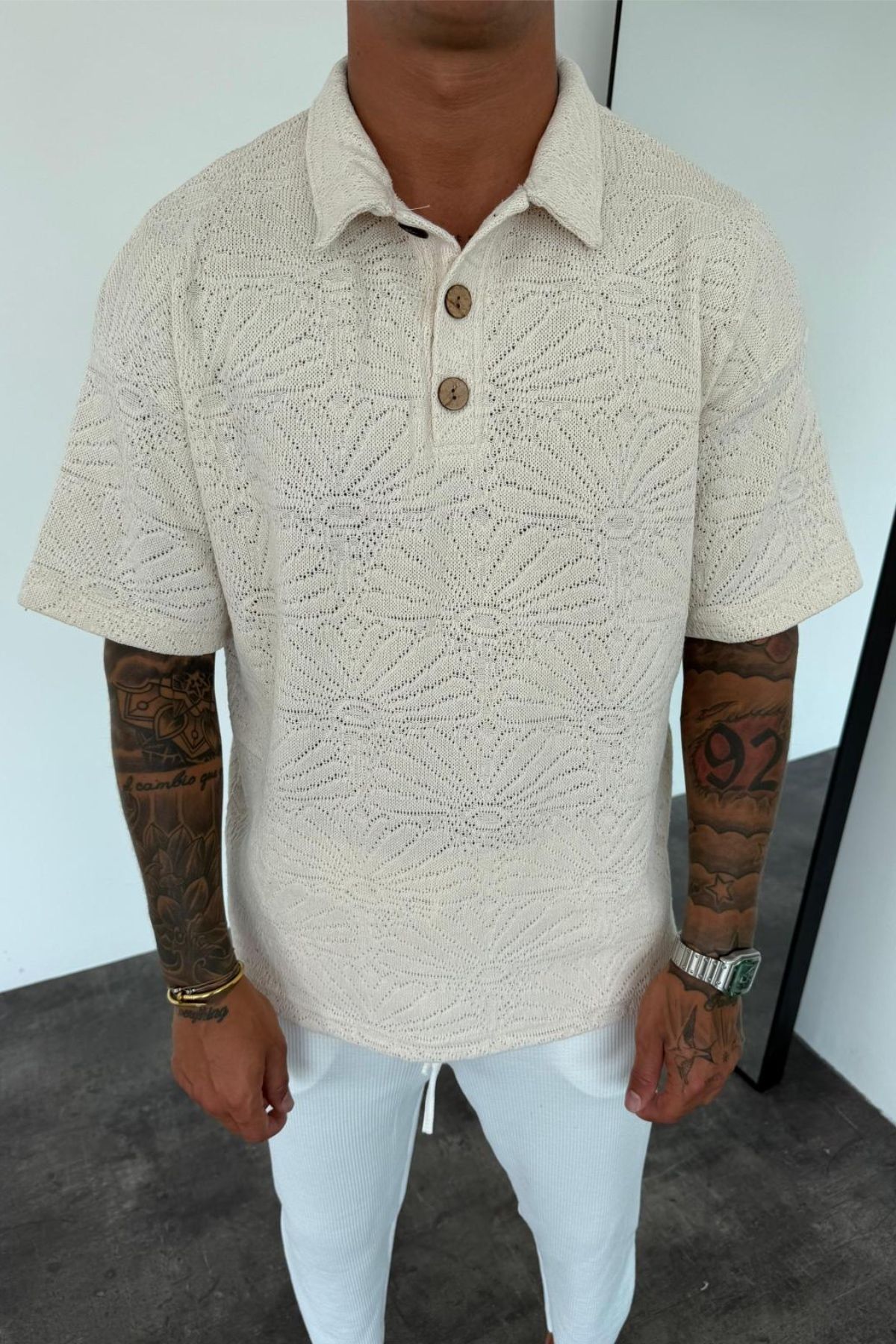 MADZEYMODA Erkek Rahat Kalıp Yakalı Ekru Triko T-Shirt KE-7017