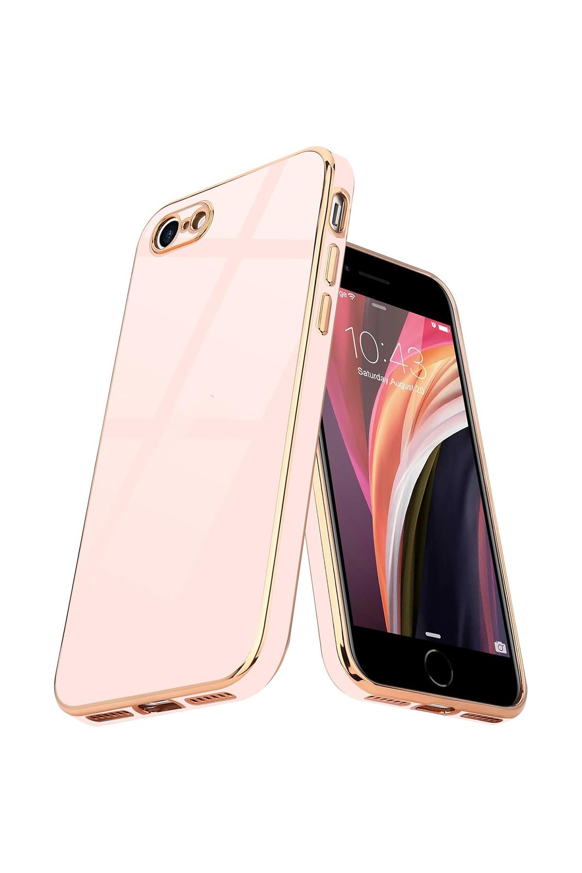 Merwish iPhone 7-8-SE Uyumlu Lazer Kesim Gold Çerçeve Pembe Kapak Kılıf