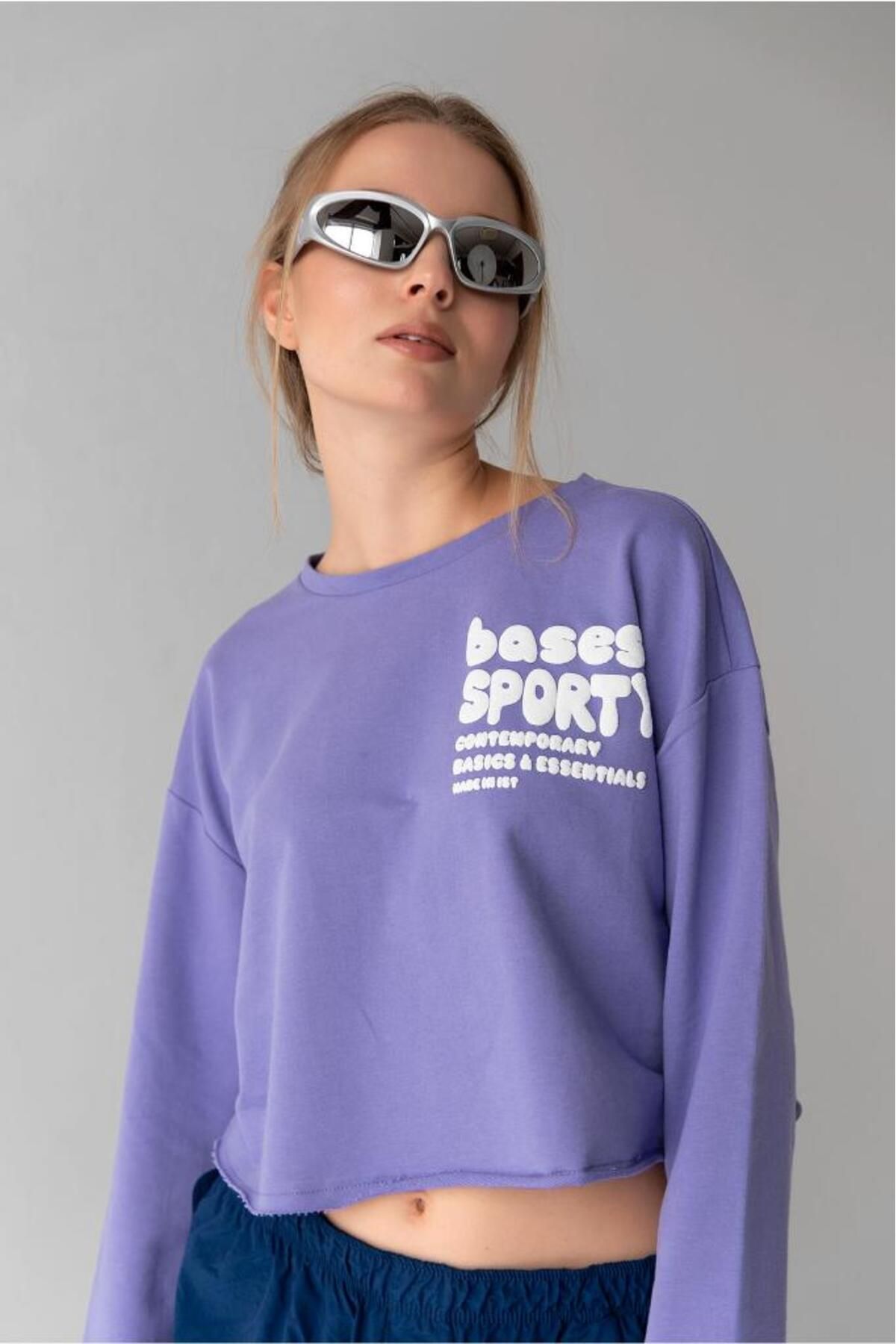 bases. Kadın Mor Bisiklet Yaka Crop Puff Baskılı Uzun Kol Sweatshirt