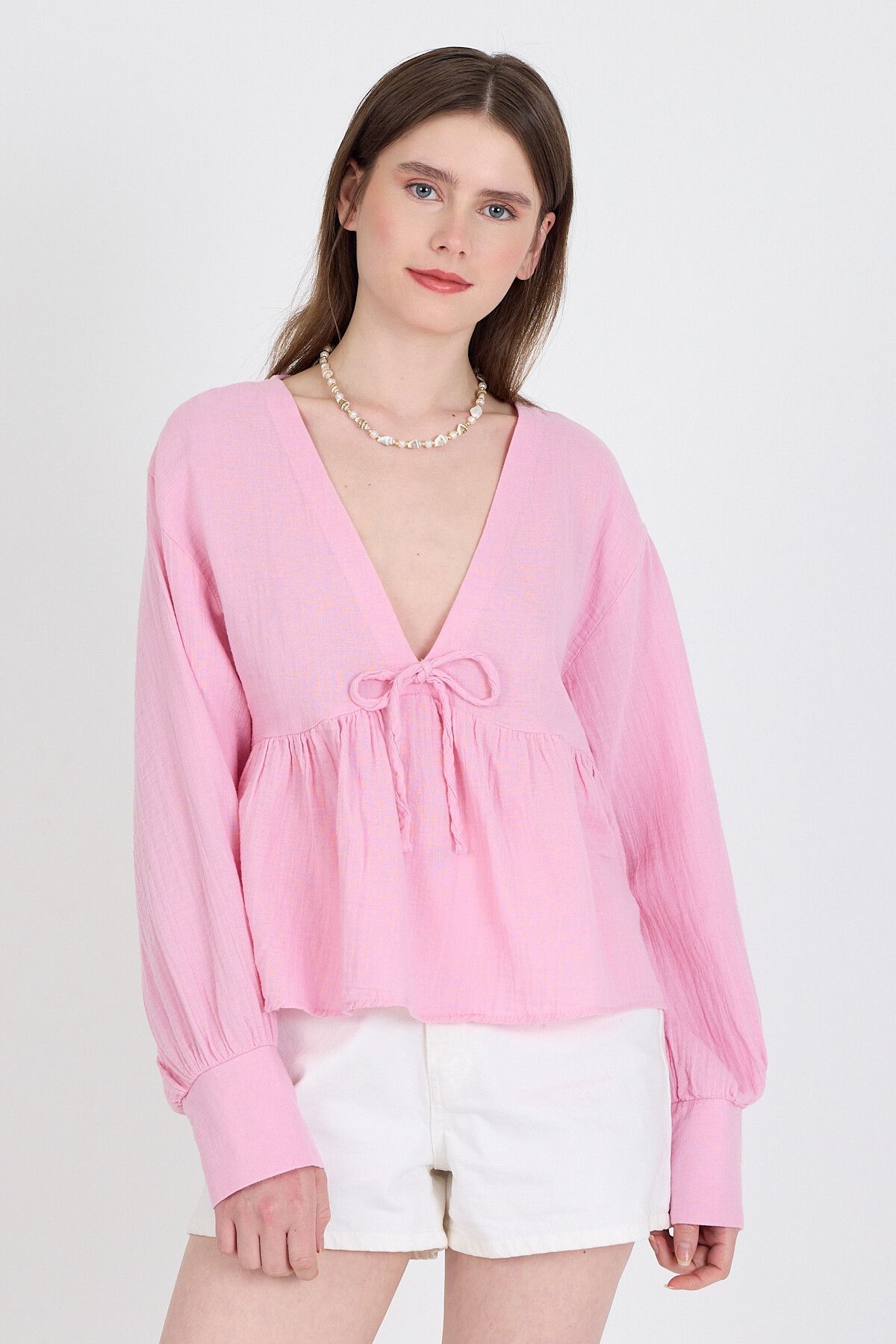 Rays Pembe %100 Pamuk V Yaka Ön Bağlama Detaylı Bluz 4784A