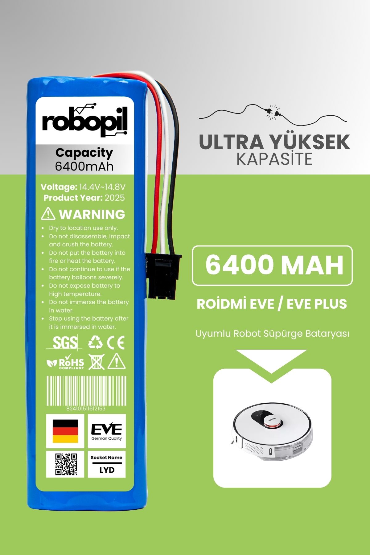 ROBOPİL Roidmi Eve / Eve Plus Sdj01rm Uyumlu Batarya (ULTRA YÜKSEK KAPASİTE) 6400mah Robot Süpürge Bataryası
