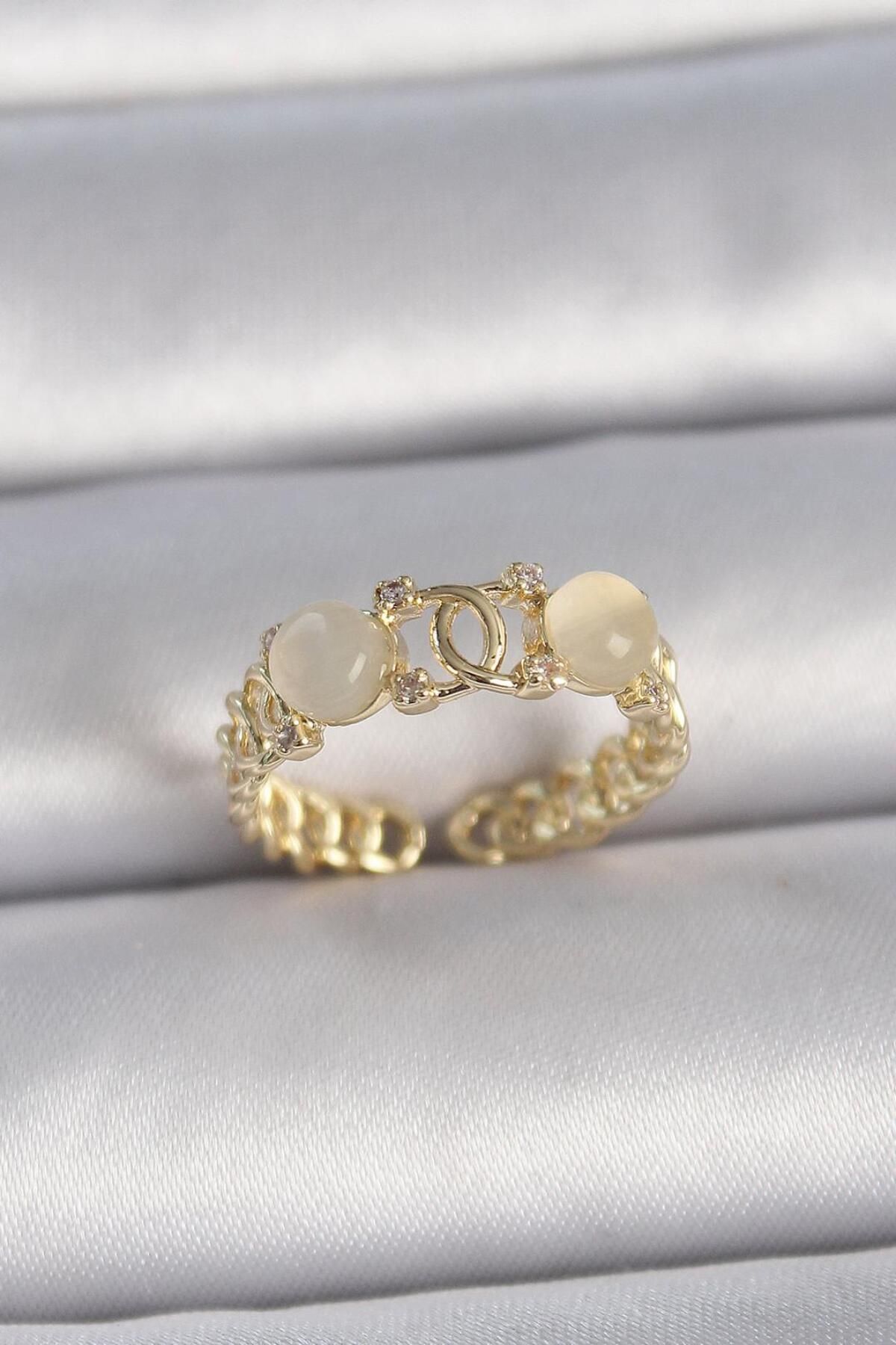 AfraBeauty 925 Ayar Paslanmaz Çelik Gold Ayarlanabilir Zirkon Taşlı Beyaz Mineli Birleşik Halka Yüzük