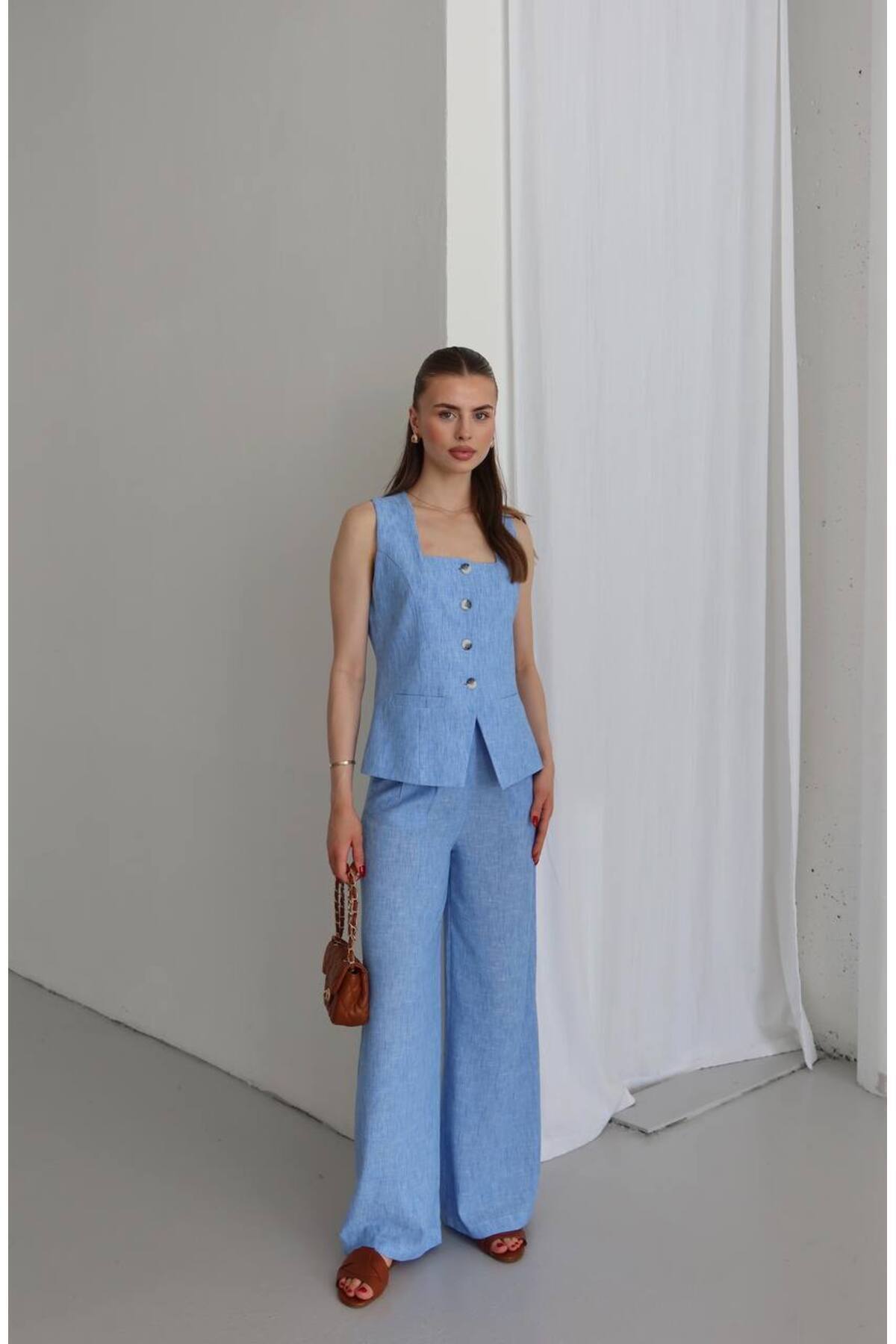 Women Square Neck Linen Two-Piece Set Baby Blue - Görsel 4