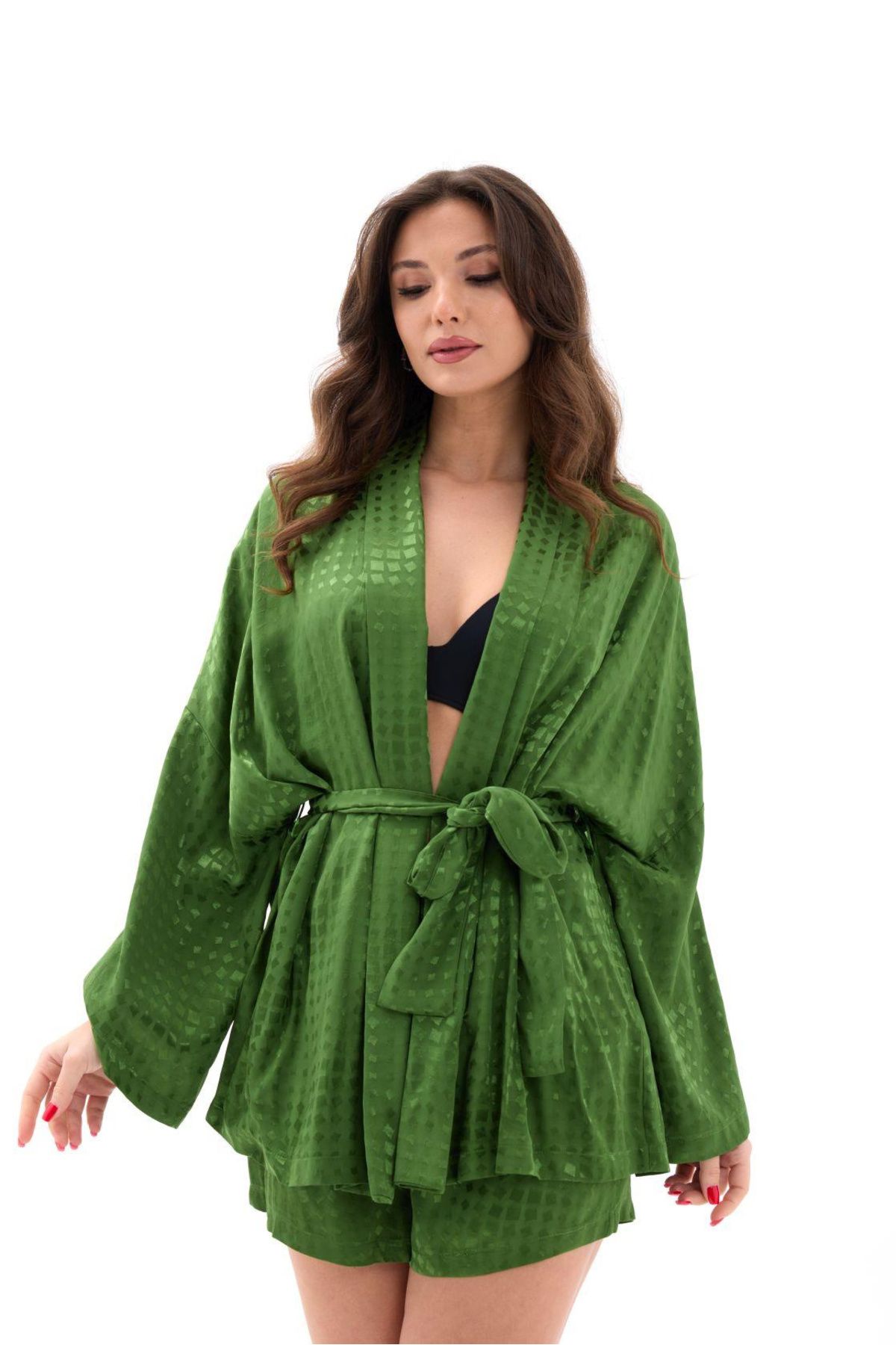 Enie Kadın Yeşil İpek Saten Şortlu Kimono Takım