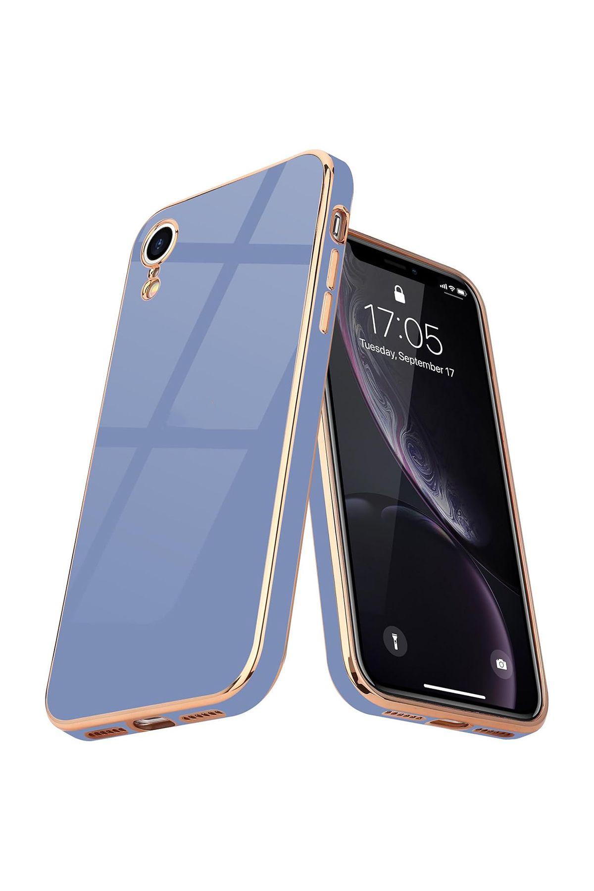 Merwish iPhone Xr Uyumlu Lazer Kesim Gold Çerçeve Mavi Kapak Kılıf
