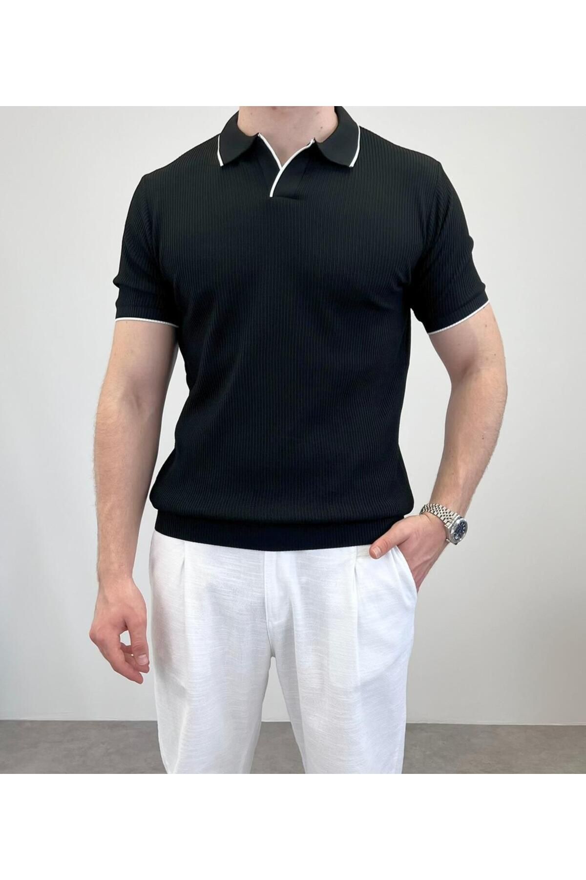 RIESGO ÖRME POLO YAKA ŞERİTLİ T-SHIRT SİYAH