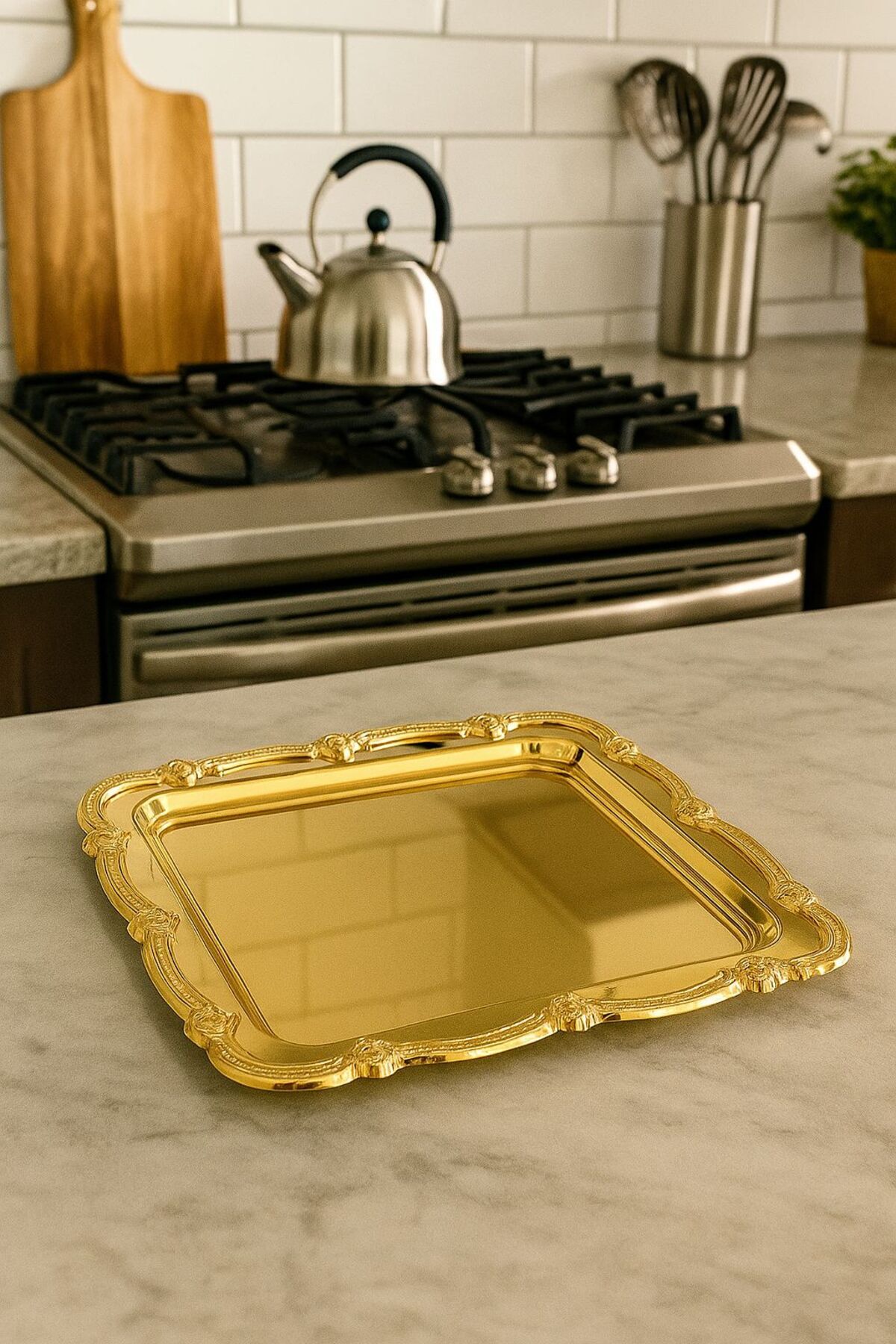 Onedekor Gül Çerçeveli Lüks Sunum Nişan Tepsisi, 23x23cm, Gold Gold Model