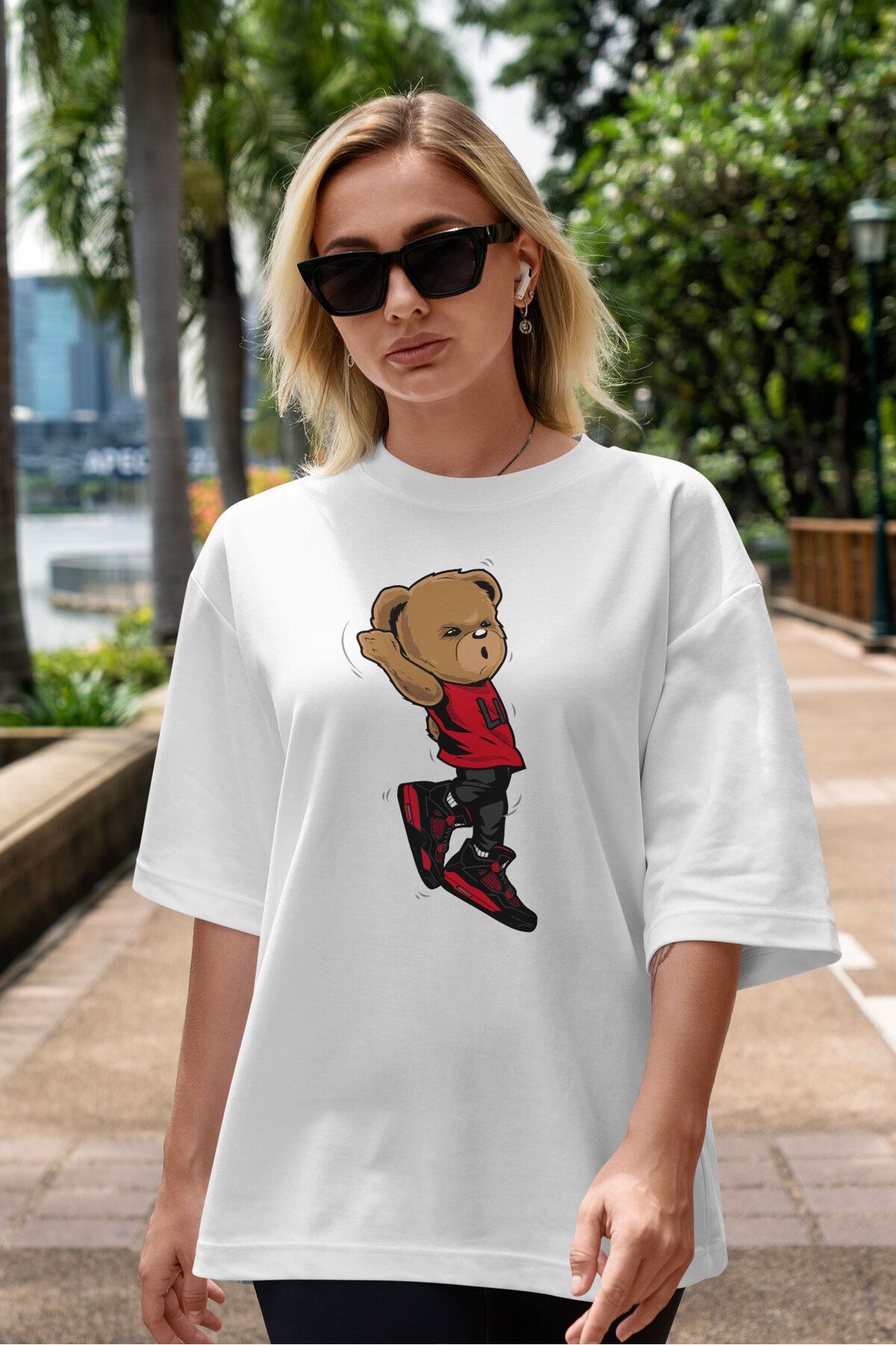 ELFAMİ Unisex Erkek/Kadın TEDDY BEAR Özel Baskılı Oversize Pamuklu Bisiklet Yaka T-Shirt