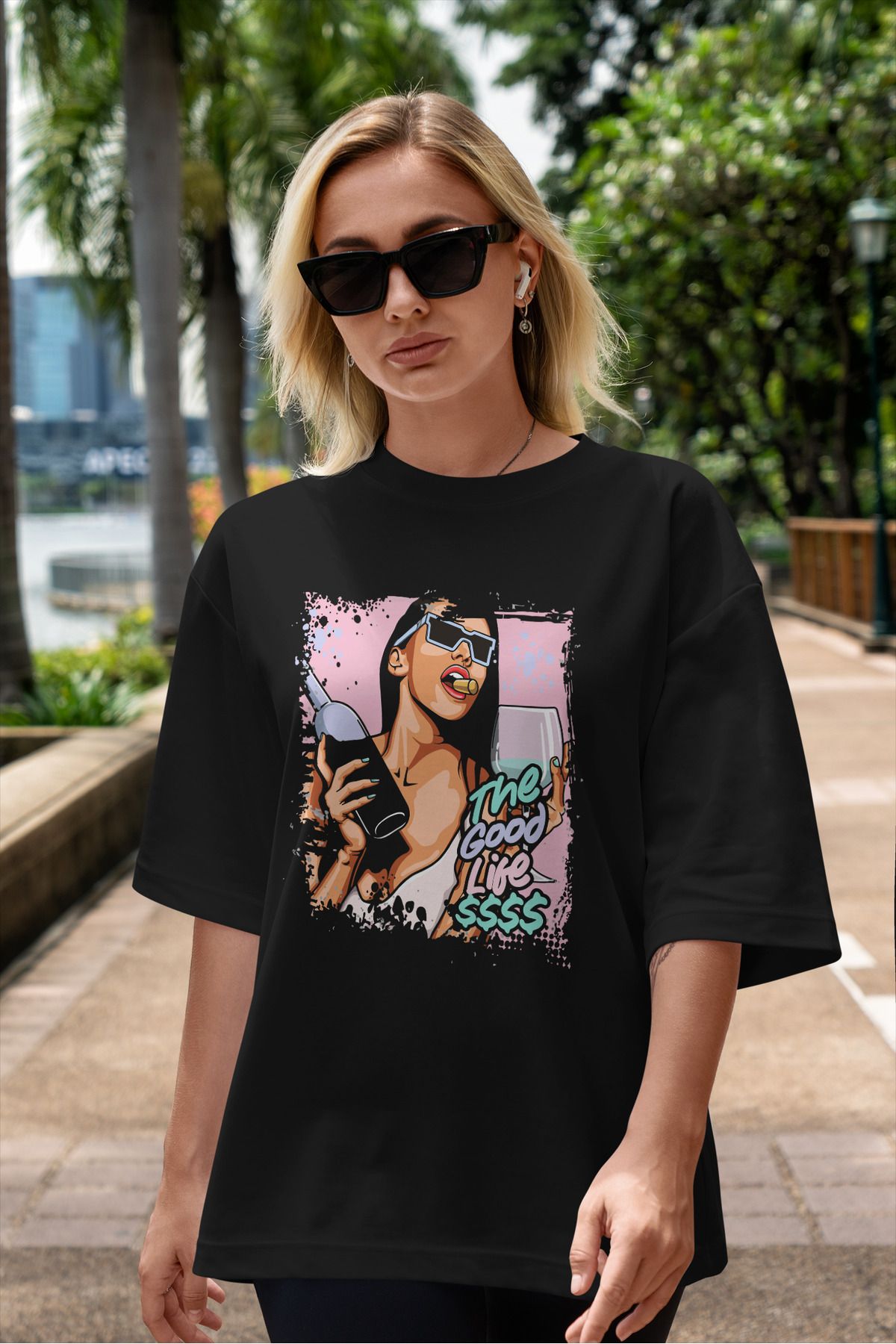 ELFAMİ Unisex Erkek/Kadın THE GOOD LIFE Özel Baskılı Oversize Pamuklu Bisiklet Yaka T-Shirt