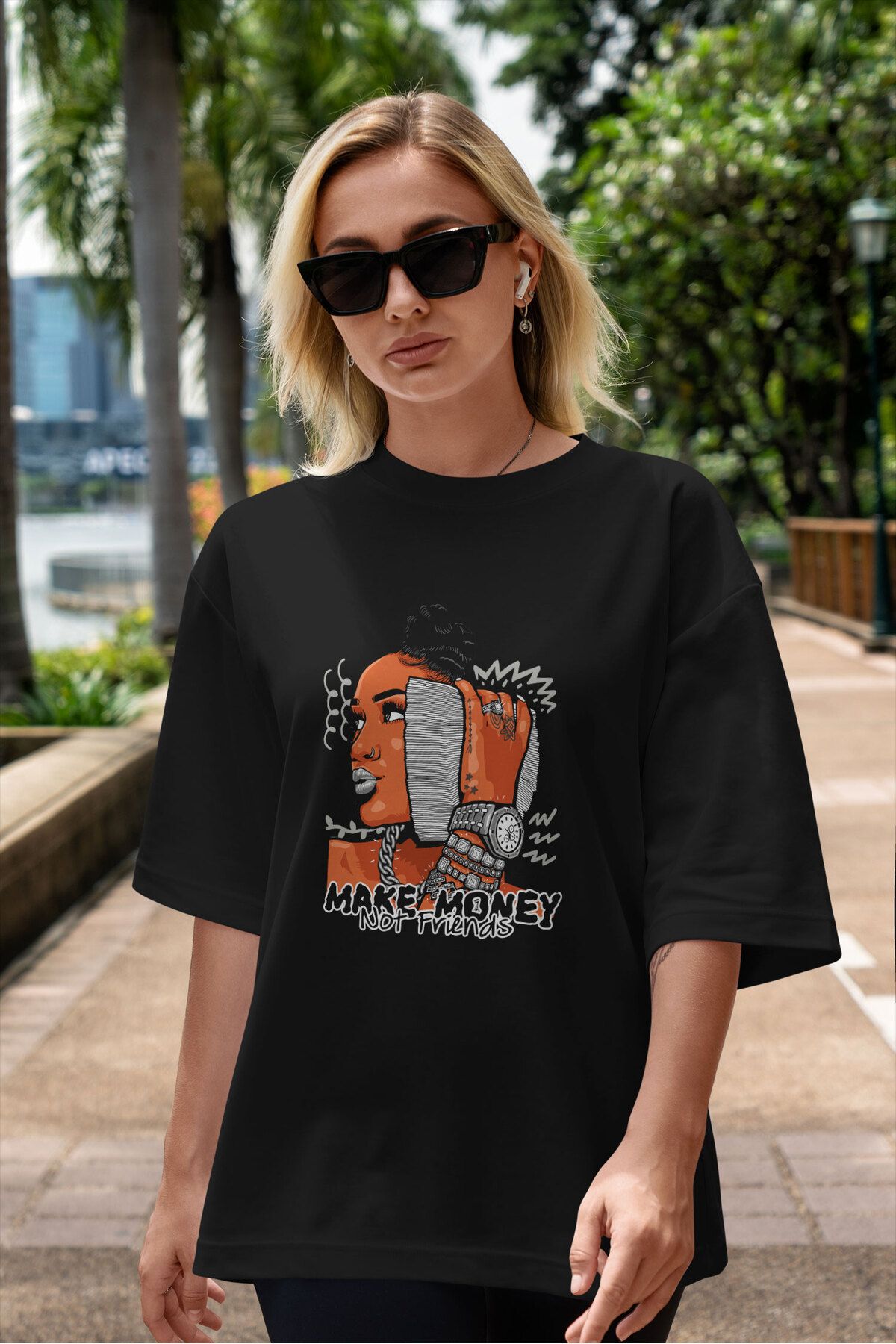 ELFAMİ Unisex Erkek/Kadın MAKE MONEY NOT FRIENDS Özel Baskılı Oversize Pamuklu Bisiklet Yaka T-Shirt
