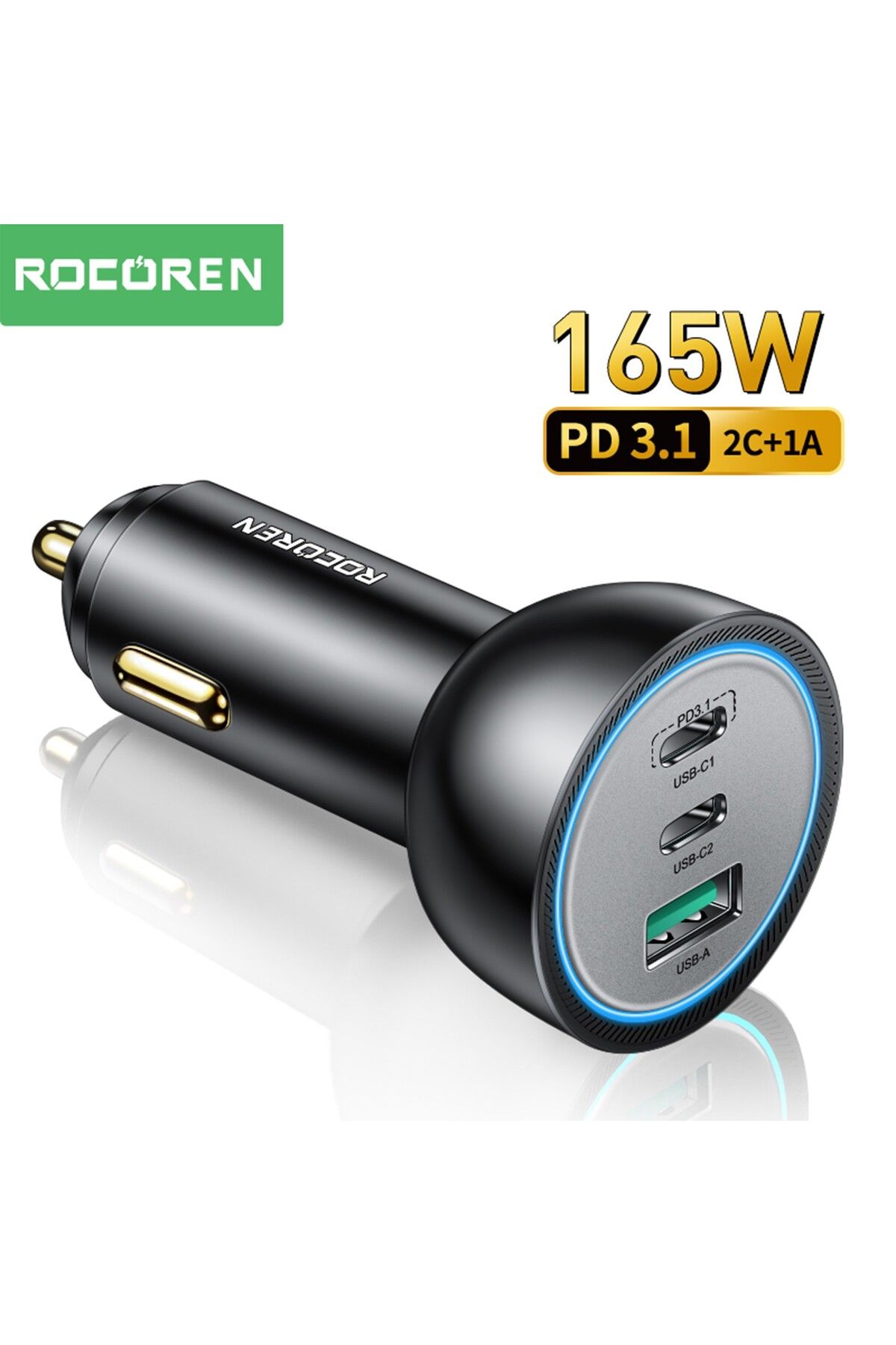 Rocoren 165W 3 Portlu PD3.1 2*Type-C ve USB-A Araç içi Hızlı Şarj Cihazı + 1 Metre 240W Kablo
