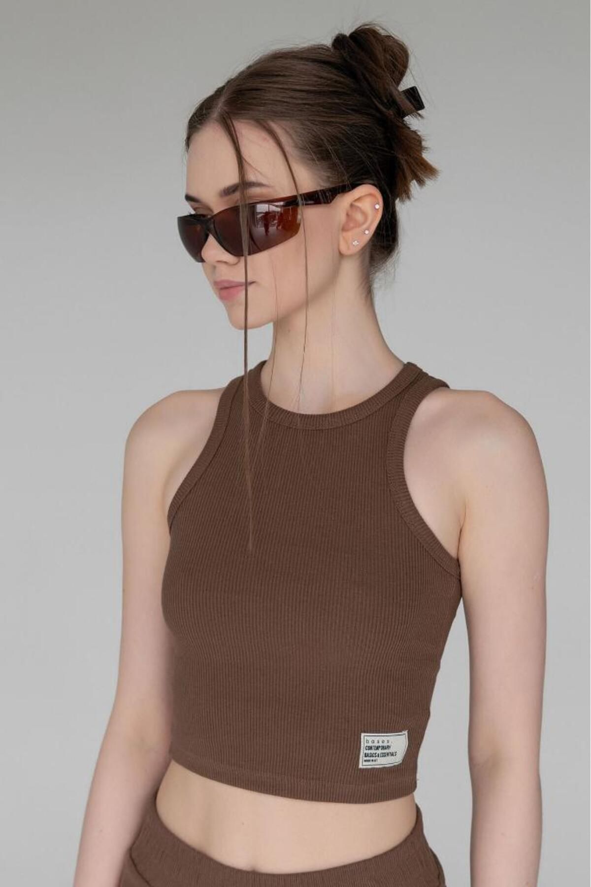 bases. Kadın Saks Halter Yaka Fitilli Crop Örme Atlet