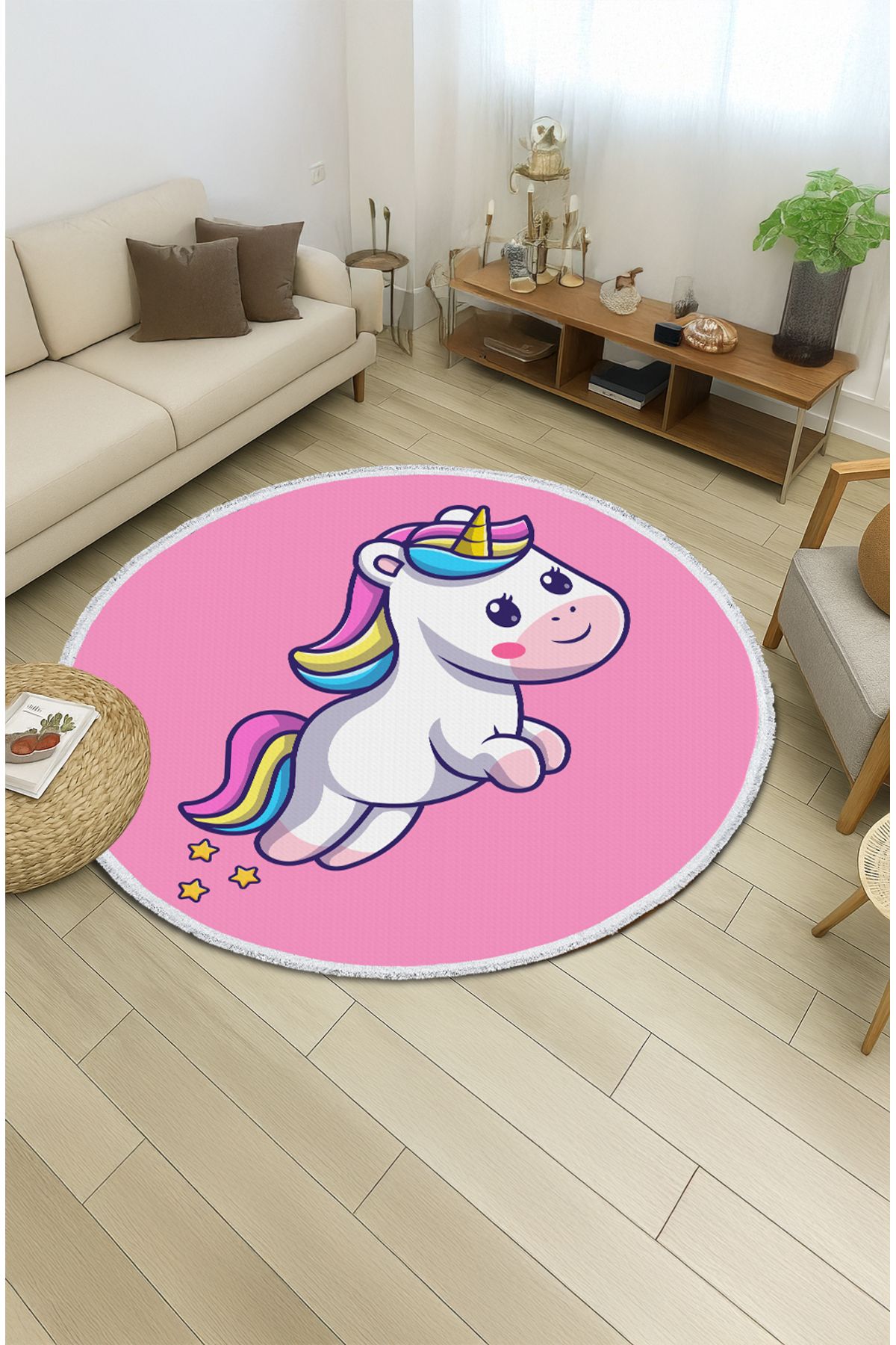 TNYLOF Yuvarlak çocuk odası halısı - Pembe Unicorn Desenli Kaymaz Tabanlı Sevimli Halı