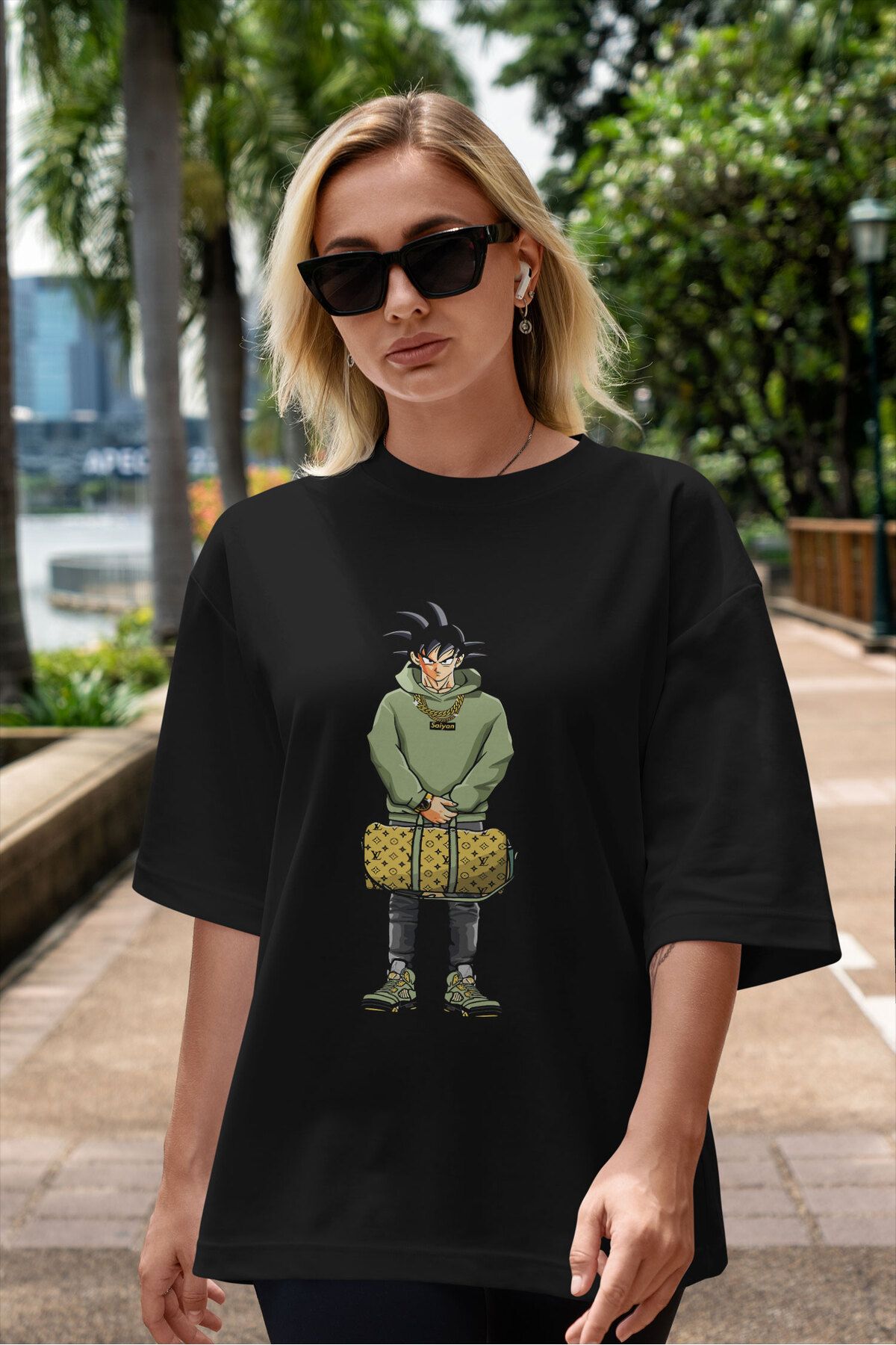 ELFAMİ Unisex Erkek/Kadın SAIYAN Özel Baskılı Oversize Pamuklu Bisiklet Yaka T-Shirt