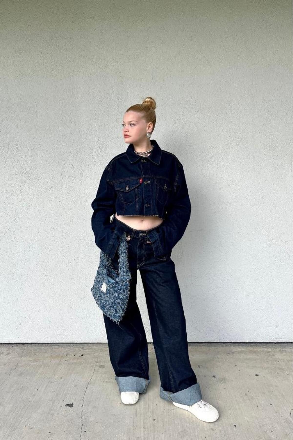 bases. Kadın Lacivert Baggy Jean