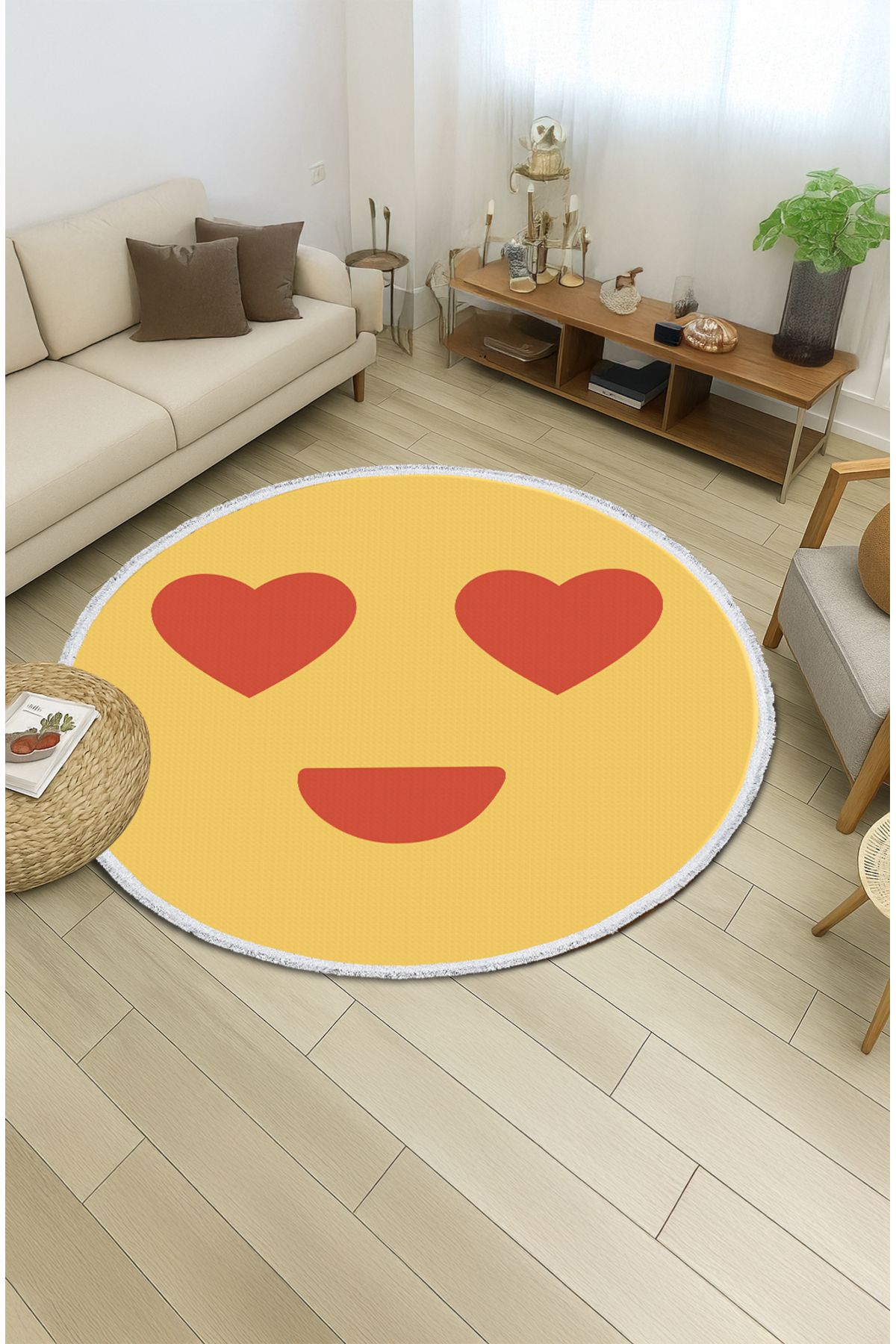 TNYLOF Çocuk odası halısı - Kalpli Emoji Desenli Sarı Yuvarlak Halı