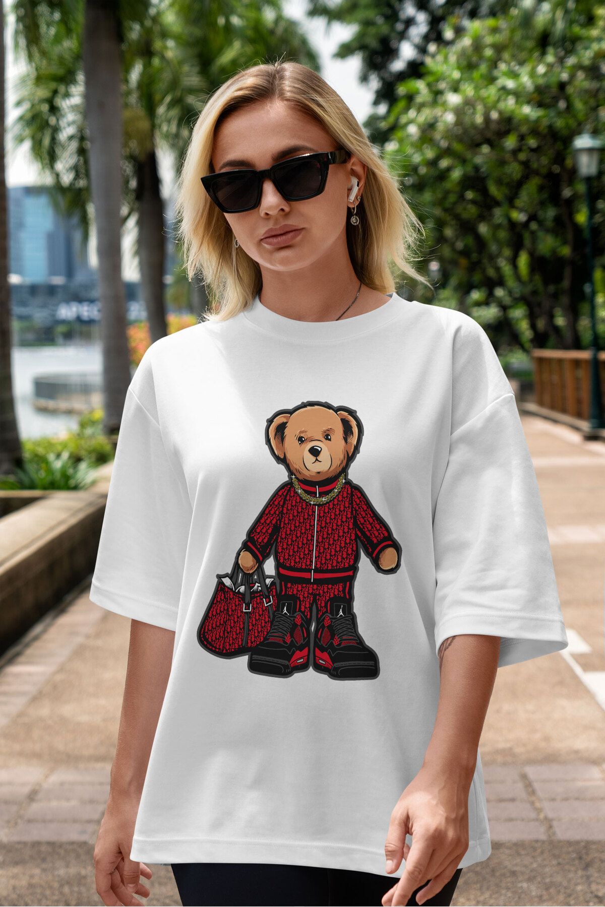 ELFAMİ Unisex Erkek/Kadın RICH BEAR Özel Baskılı Oversize Pamuklu Bisiklet Yaka T-Shirt