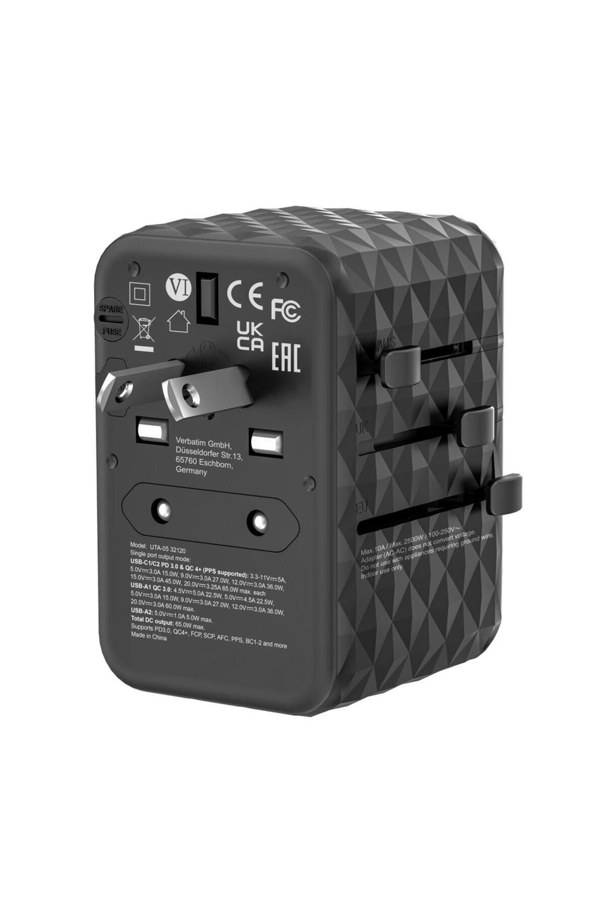 Verbatim-Incarcator retea de calatorie universal Verbatim UTA-05, 65 W GaN3, 2 x USB-C PD & QC 4+ & 10