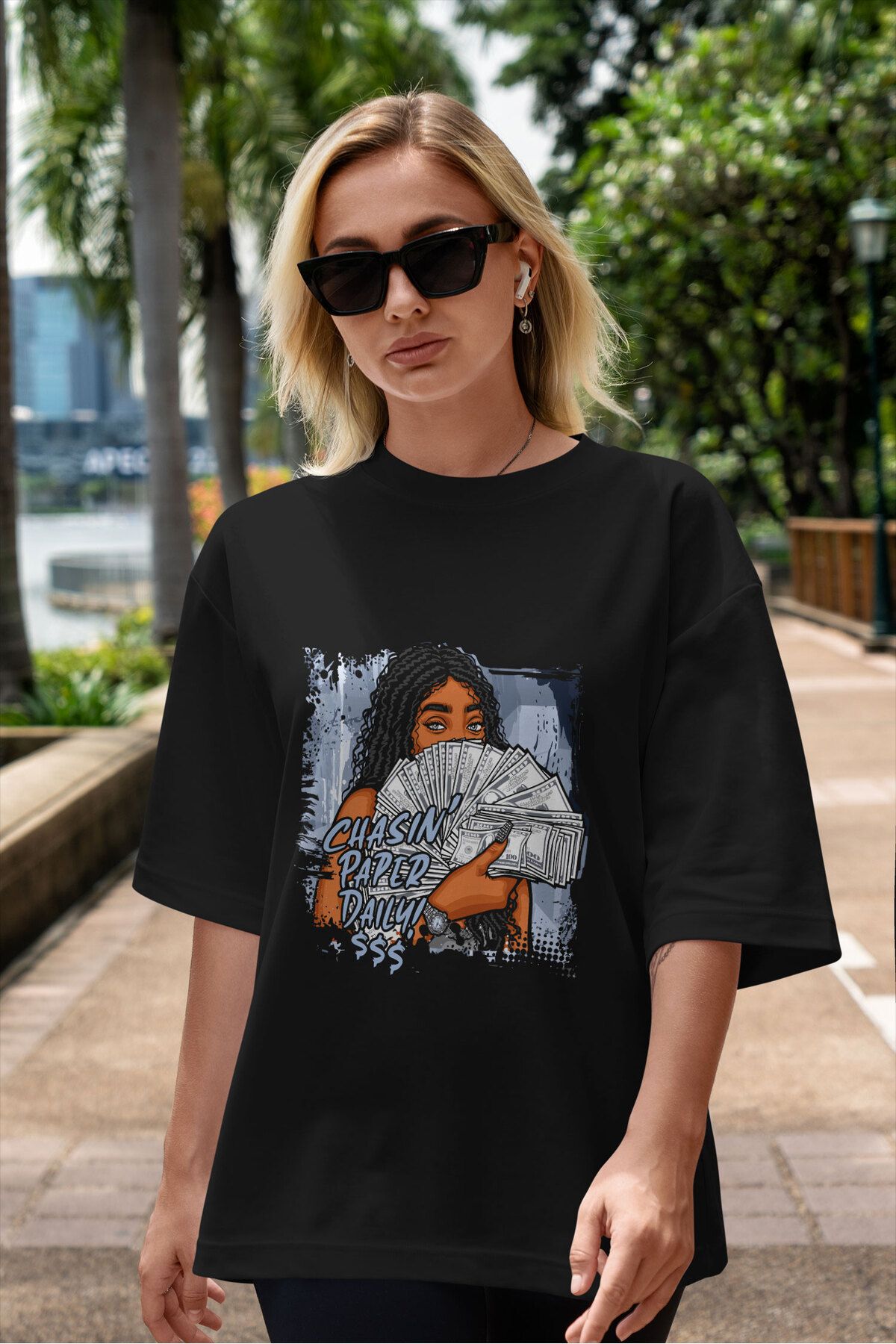 ELFAMİ Unisex Erkek/Kadın CHASIN PAPER DAILY Özel Baskılı Oversize Pamuklu Bisiklet Yaka T-Shirt