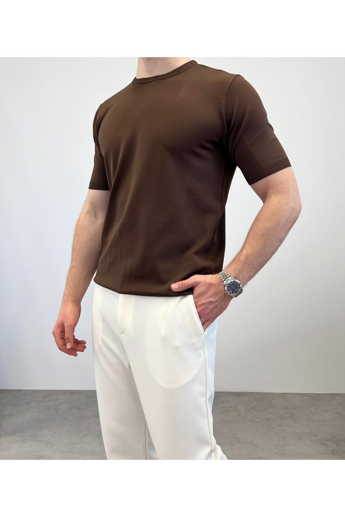RIESGO ÖRME BİSİKLET YAKA T-SHIRT KAHVERENGİ