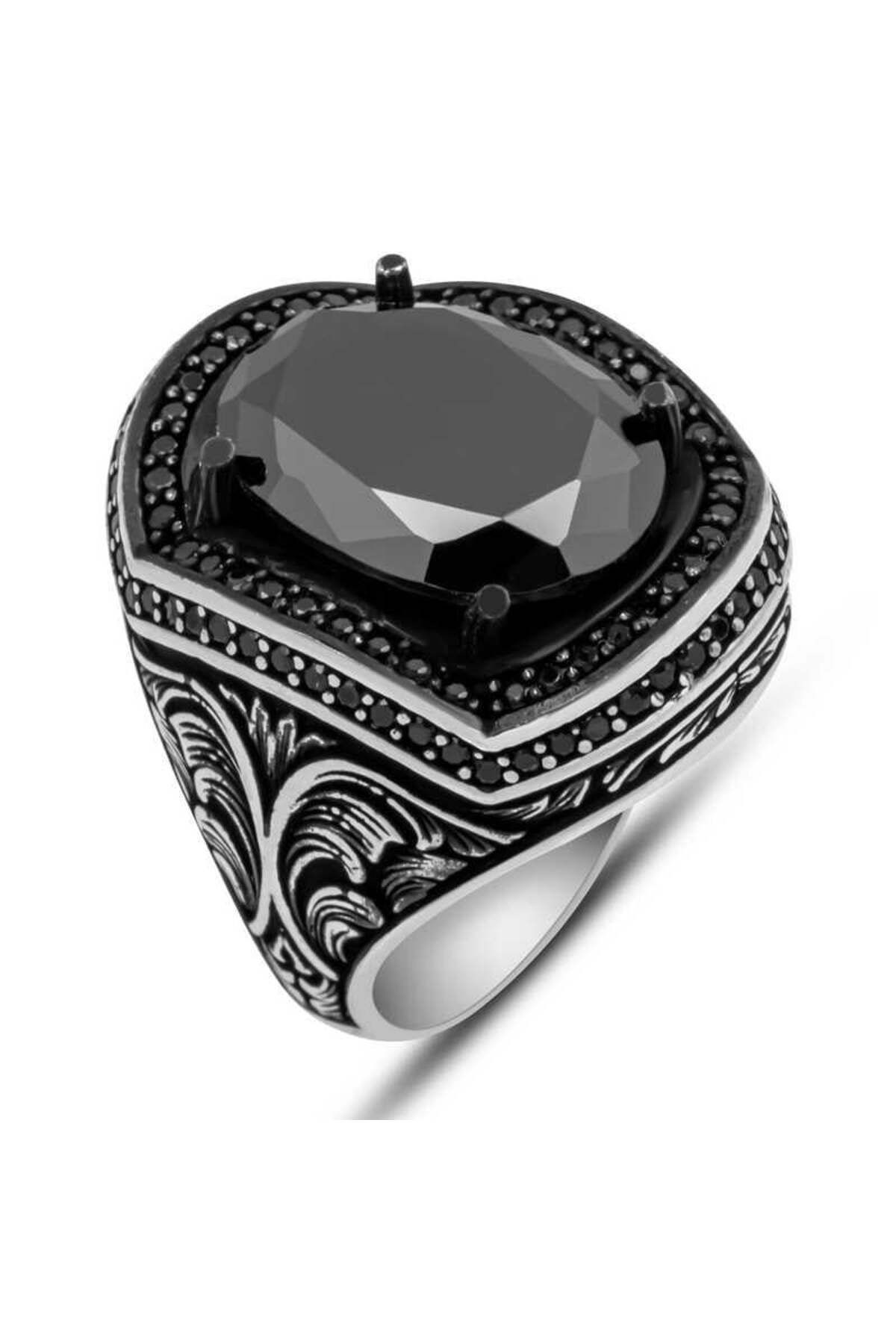 alsepeteavm Gümüş Siyah Zirkon Taşlı Oval Erkek Yüzük