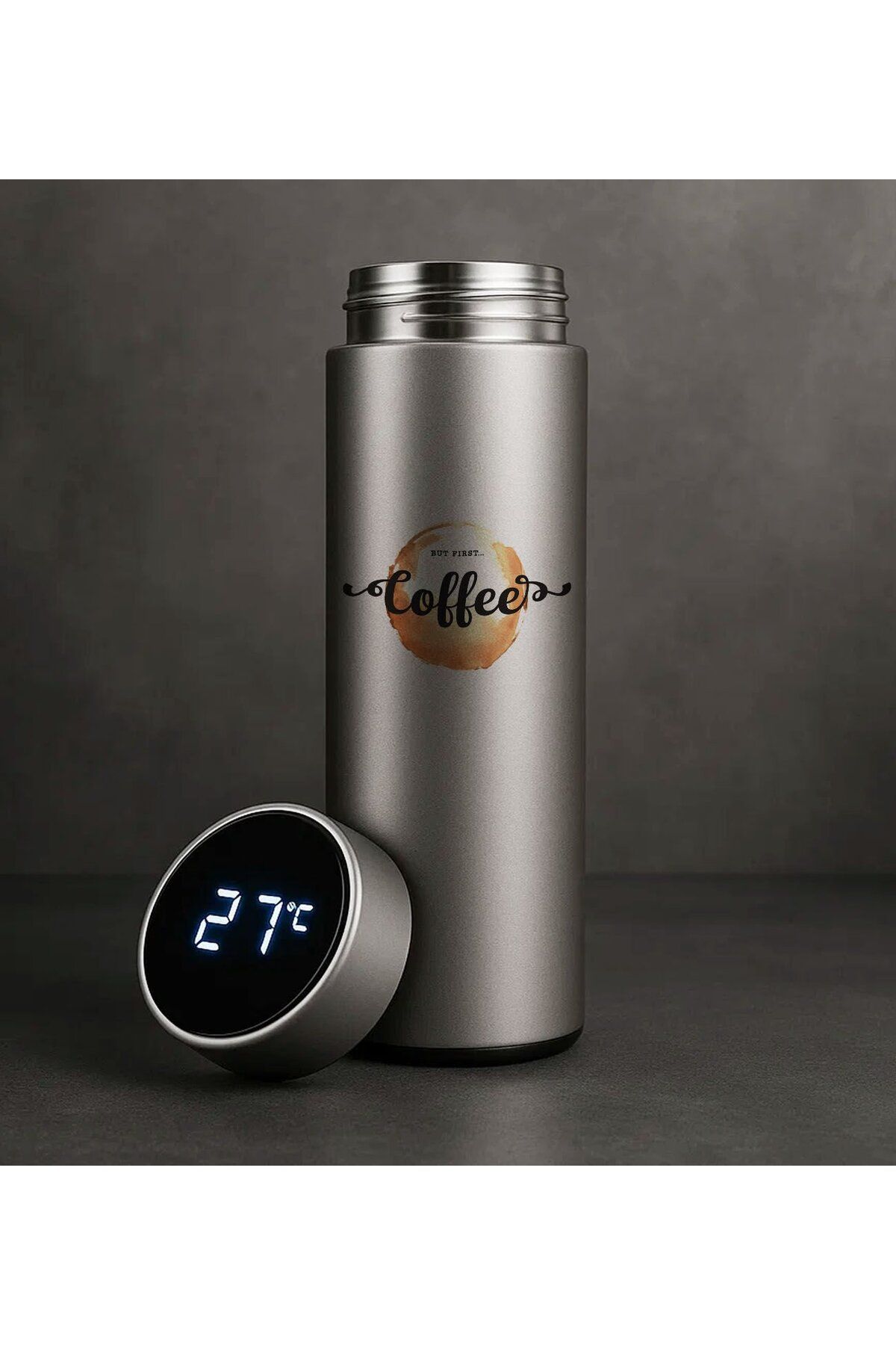 Bk Gift Coffee Tasarımlı Filtreli Dijital Göstergeli Gümüş Çelik Termos-2, Arkadaşa Hediye, Sevgiliy