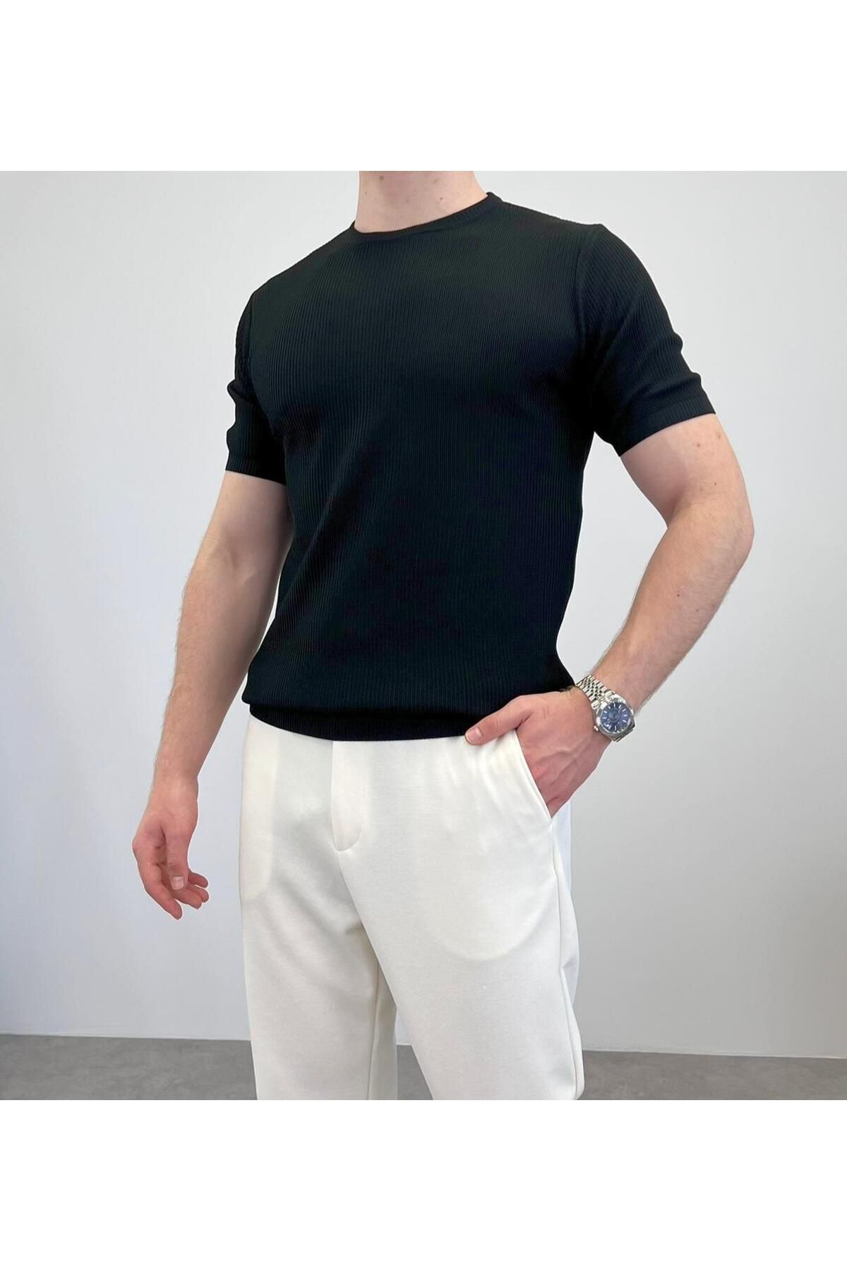 RIESGO ÖRME BİSİKLET YAKA İNCE FİTİLLİ T-SHIRT SİYAH