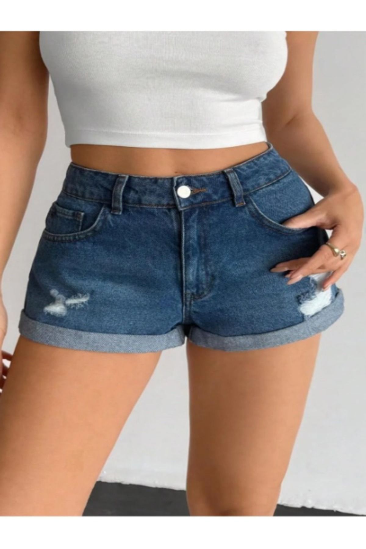 viking's line Kadın Yüksek Bel Katlamalı Paça Denim Şort Mavi