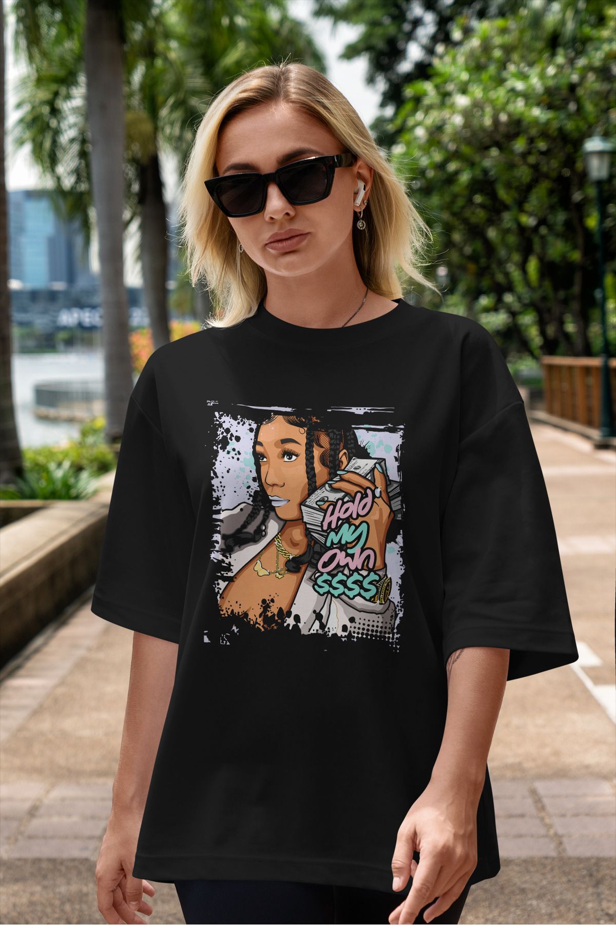 ELFAMİ Unisex Erkek/Kadın HOLD MY OWN Özel Baskılı Oversize Pamuklu Bisiklet Yaka T-Shirt