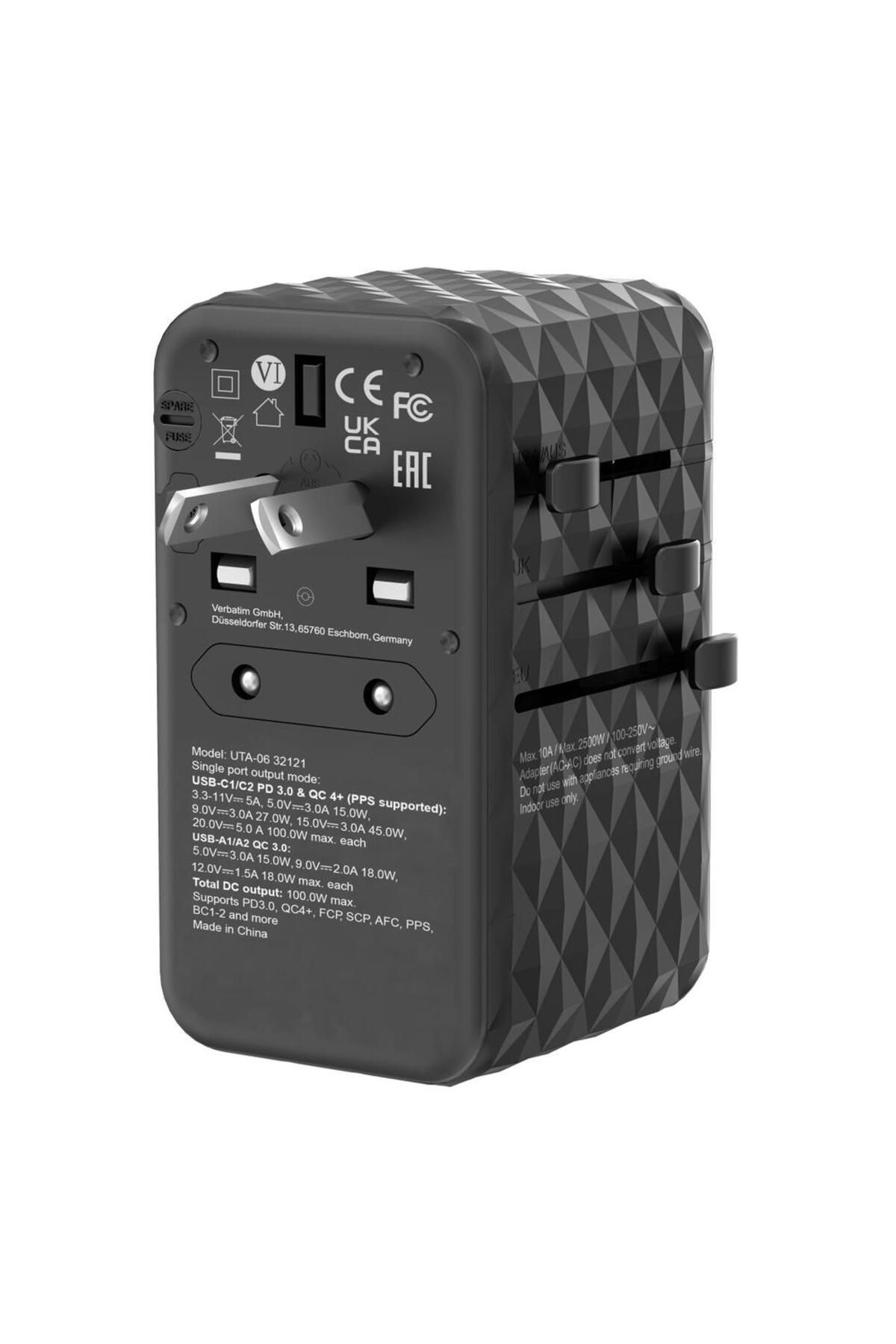Verbatim-Incarcator retea de calatorie universal Verbatim UTA-06, 100 W, 2xUSB-C PD & QC 4+ & 2 x USB-A QC 10