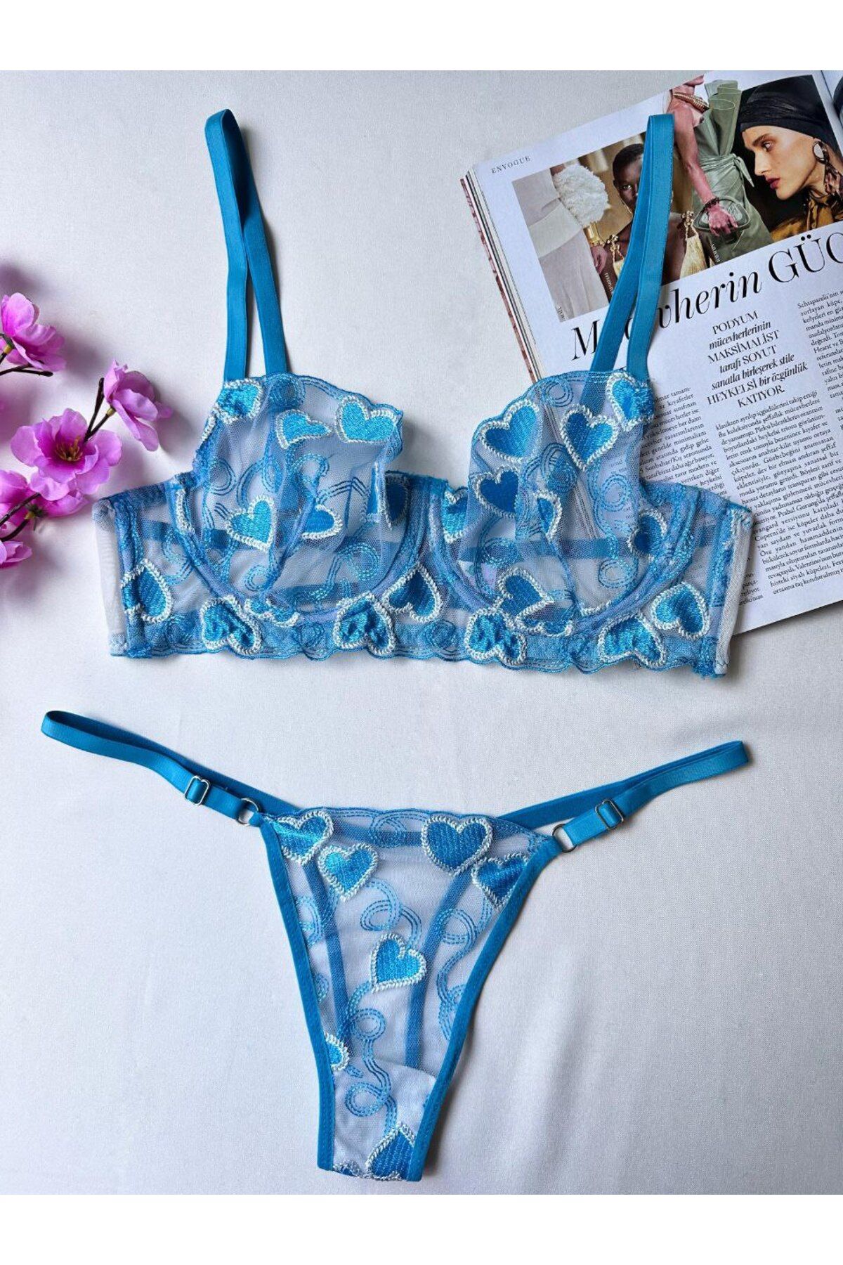 BLUEAVCI Berf Kalp desen Bralet Takım