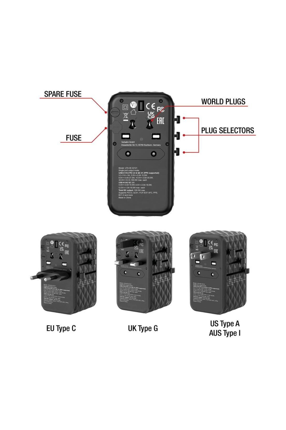 Verbatim-Incarcator retea de calatorie universal Verbatim UTA-06, 100 W, 2xUSB-C PD & QC 4+ & 2 x USB-A QC 5