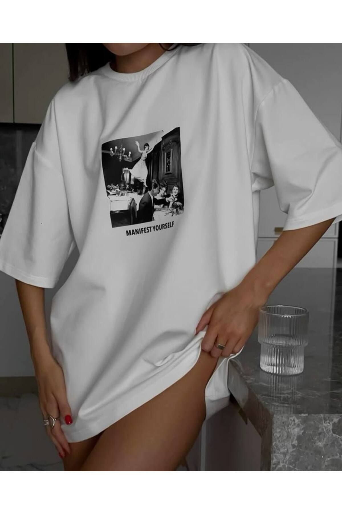 GUARAZ Kadın %100 Pamuk Oversize Fİt Bisiklet Yaka Baskılı Yazlık Beyaz T-shirt