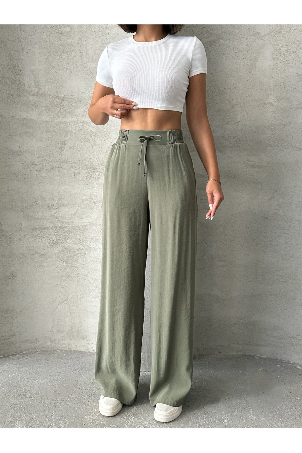 Miss Prova Bel Bağlama ve Bel Lastikli Geniş Paça Dökümlü Yazlık Pantolon MISSPNT2659