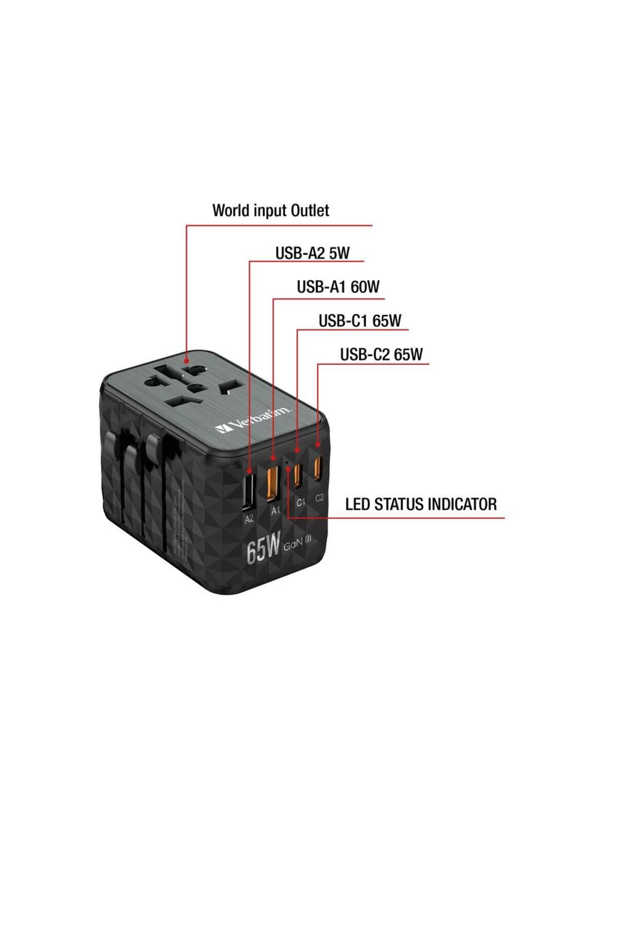 Verbatim-Incarcator retea de calatorie universal Verbatim UTA-05, 65 W GaN3, 2 x USB-C PD & QC 4+ & 5