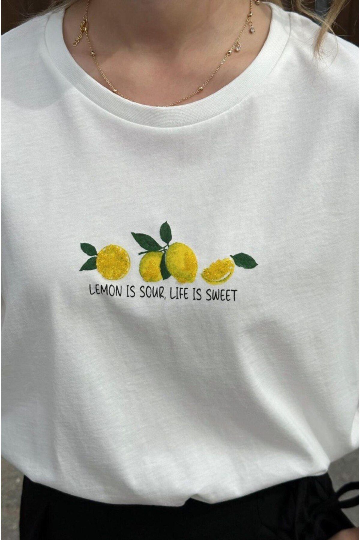 lasoie Limon Baskılı Boncuk İşlemeli Tişört