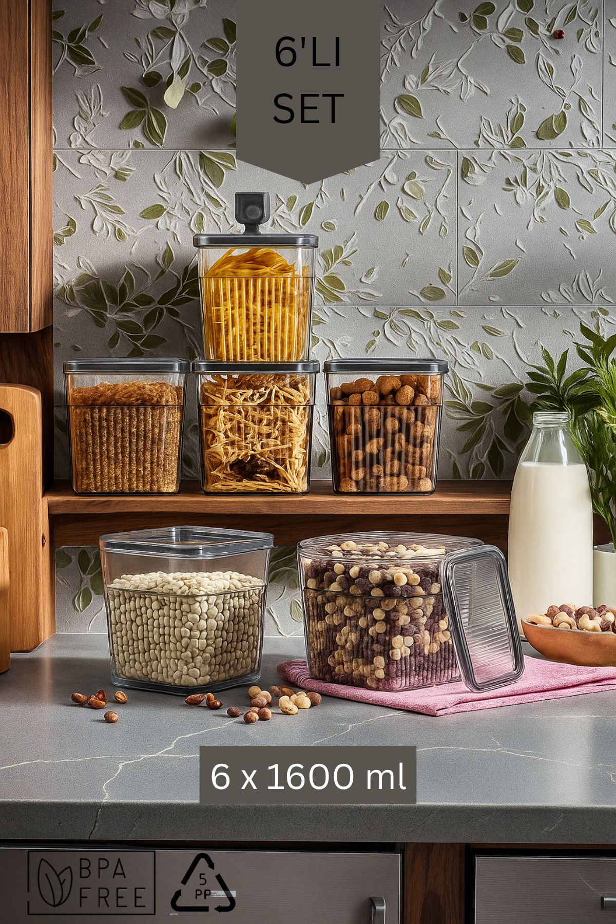 Espas Home 6 Parça Contalı ve Sızdırmaz Kapaklı Saklama Kabı Seti – Buzdolabı ve Kuru Gıda Uyumlu 6x1600 ml