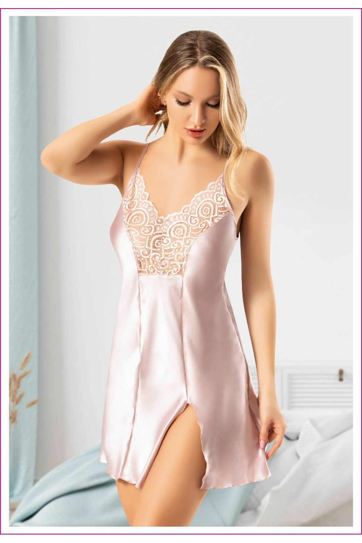 Miss Laris Lingerie İnce Askılı,Kısa Boy Saten Kadın gecelik