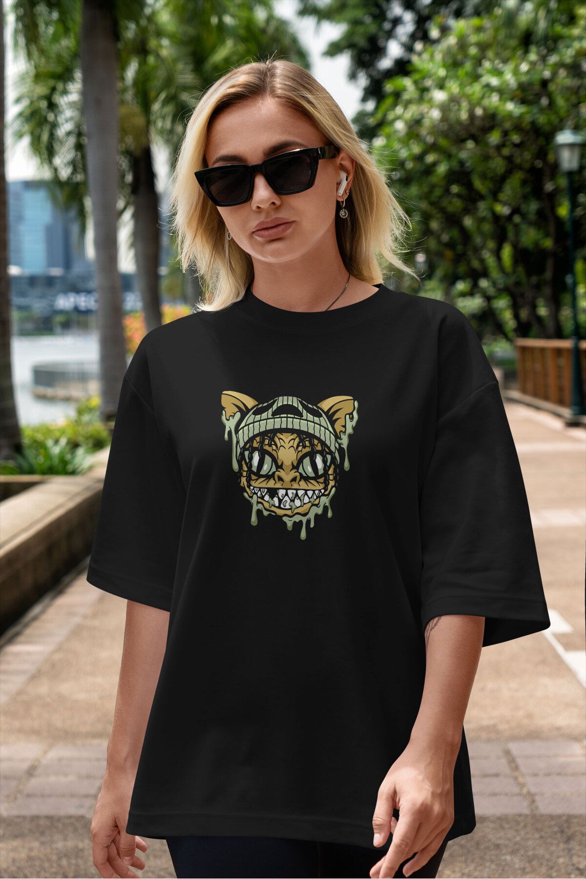 ELFAMİ Unisex Erkek/Kadın TOXIC CAT Özel Baskılı Oversize Pamuklu Bisiklet Yaka T-Shirt